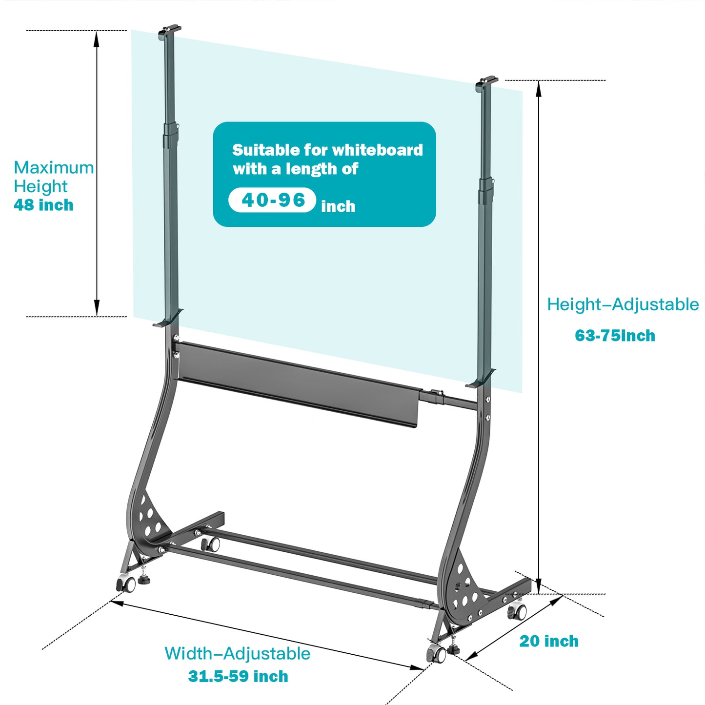ZHIDIAN Universal Mobile Stand Only, Height & Width Adjustable Stand On Wheels, Stand for Whiteboard, Chalkboard, Glass Dry Erase board, Interactive whiteboard, Drawing Board