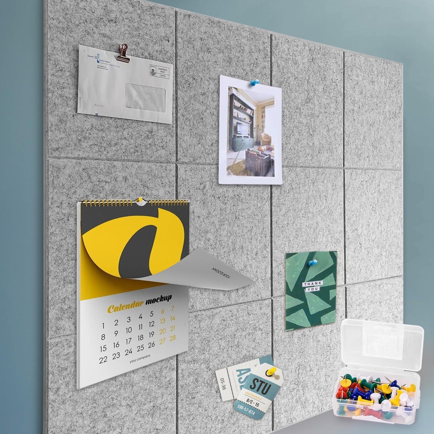 Felt Wall Tiles Bulletin Board with Removable Adhesive, 47"x35" Black Cork Board Alternative with 40 Push Pins, 12 Pack Large Office Cork Tile Felt Pin Board Felt Squares for Walls