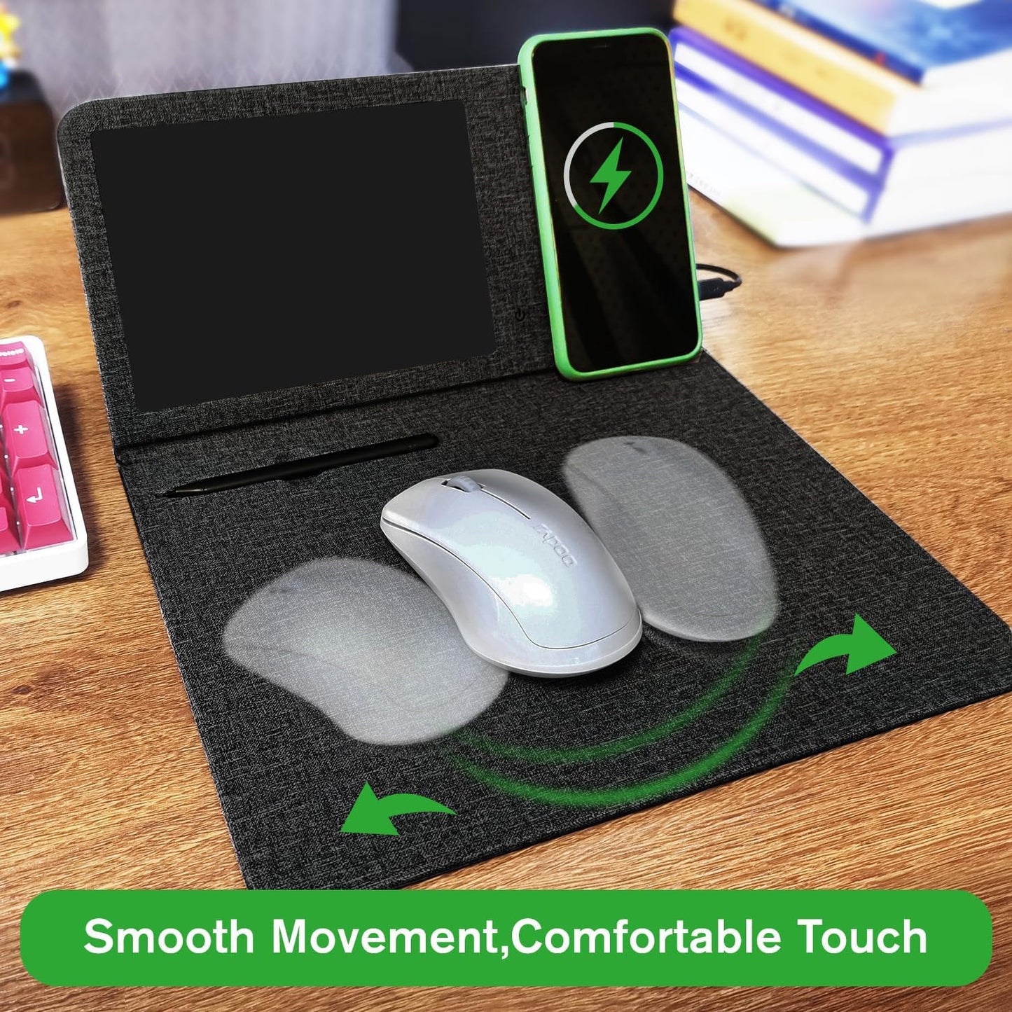 Qi Wireless Charging Mouse Pad with 8" LCD Writing Tablet,15W Fast Charging Mouse Mat, 3-in-1 Foldable & Vertical Multifunctional Office Desk Pad,Hard Micro-Textured Fabric PU Surface(Black)