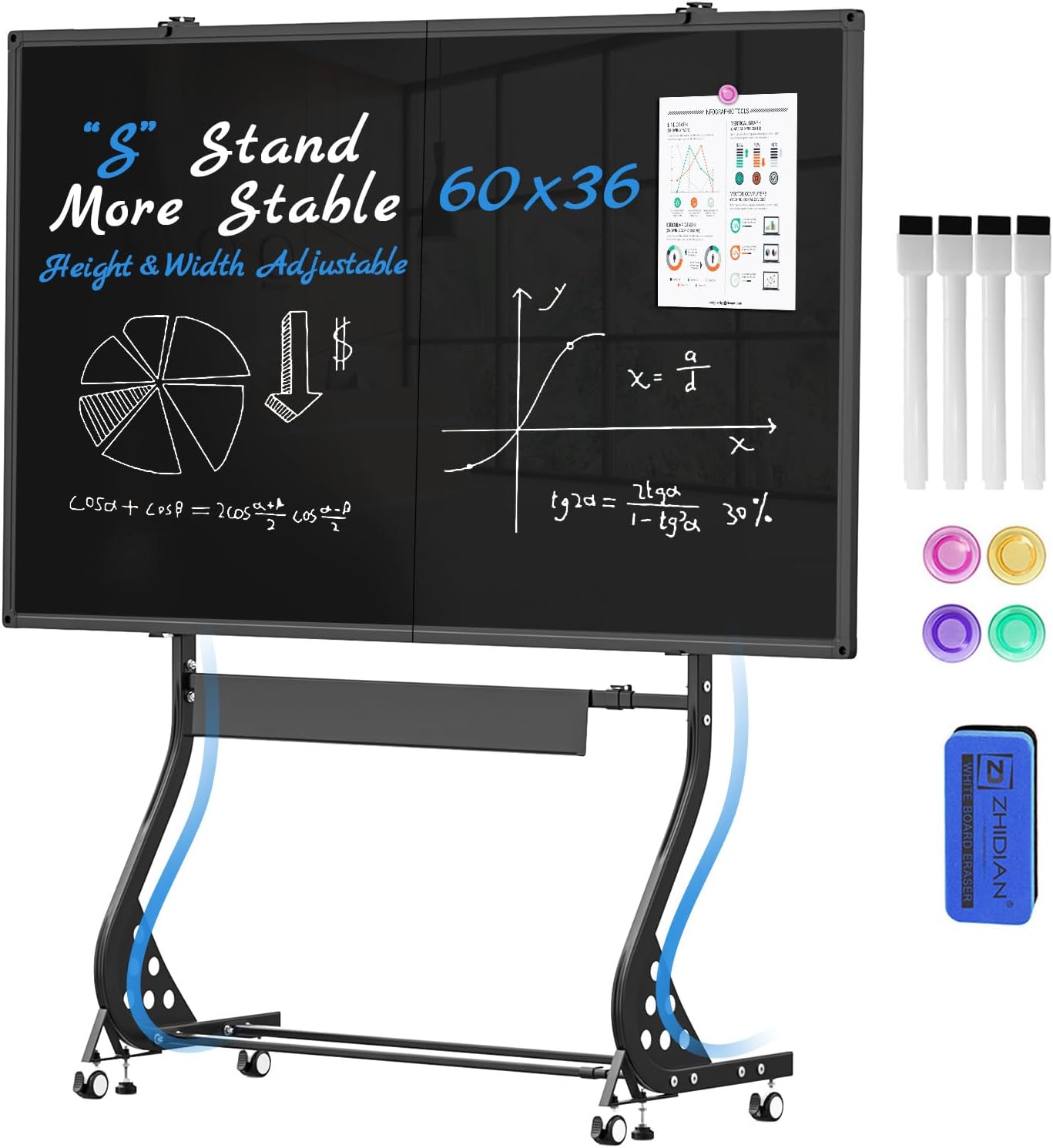 Rolling Chalkboard Black Dry Erase Board 48x36 with Height & Width Adjustable Stand, Large Portable Magnetic Double-Sided Whiteboard on Wheels, Mobile Standing Easel Blackboard for Office