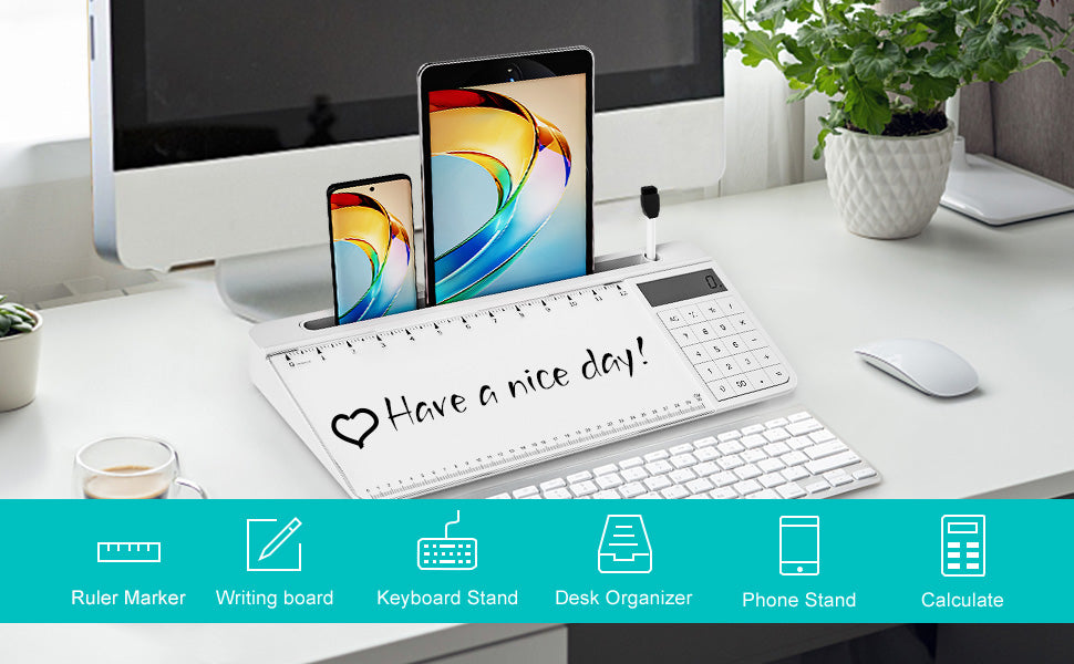 Desktop Glass Whiteboard with Mirror & Calculator(12 Digit LCD Display) & Ruler Marker,Tilted Computer Keyboard Stand with Dry Erase Board Surface, Desk Organizers with Accessories,White