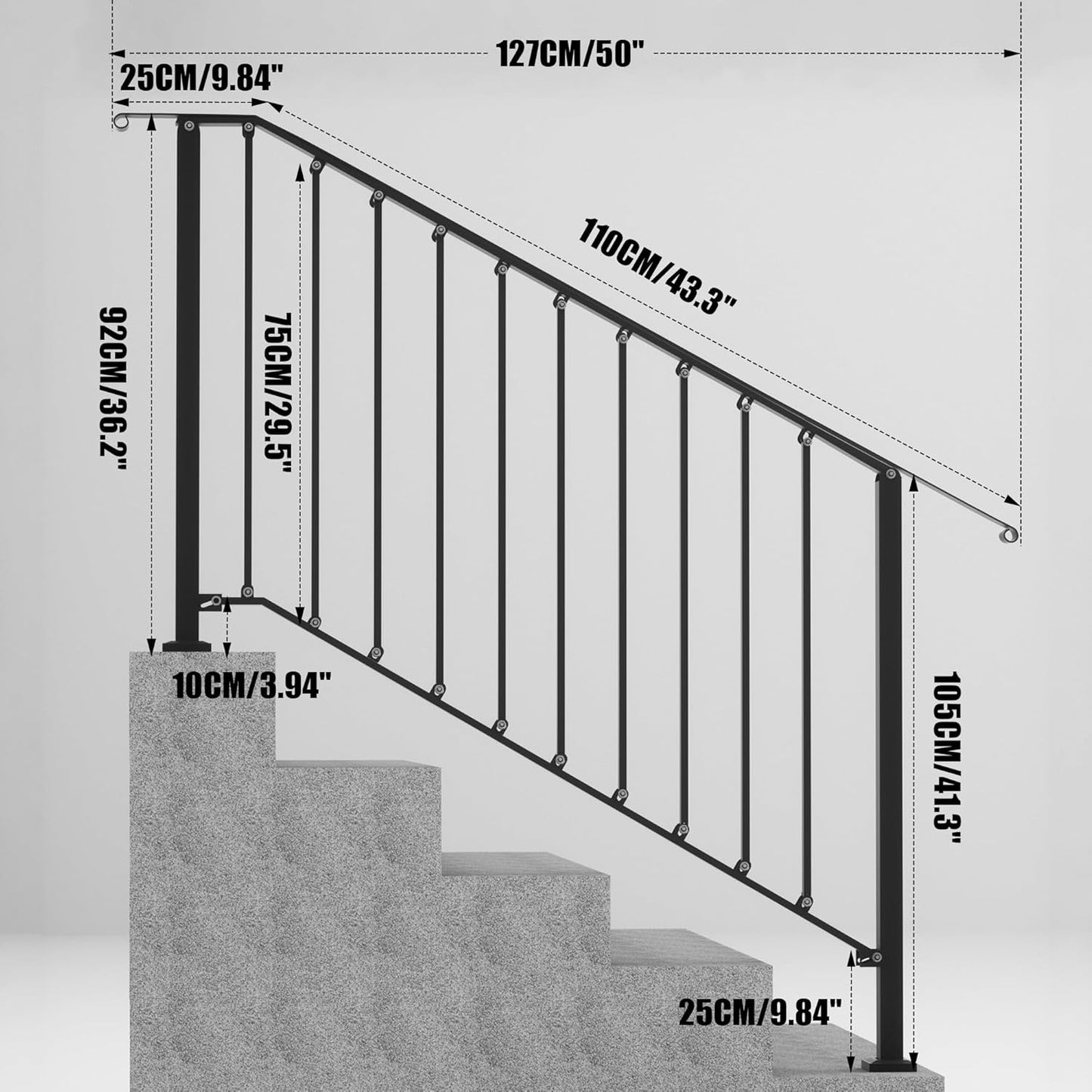 Outdoor Stair Handrails, 2 Steps Black Wrought Iron Railing Kits for Concrete or Wooden Porch Steps