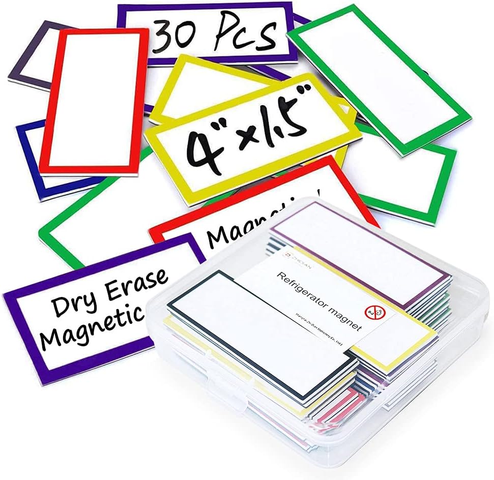 Large Magnetic Dry Erase Labels 4x1.5, 30Pcs Thick Reusable Writable Dry-Erase Magnets Strips Rectangle Removable Big Name Plate Tags for Whiteboard Fridge Cabinet Classroom Locker