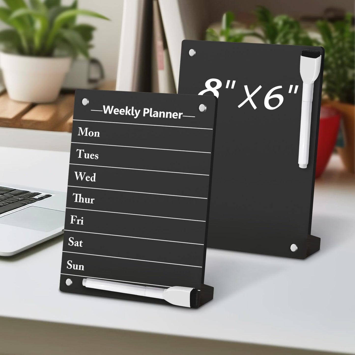 Desktop Black Dry Erase Board with Stand, Magnetic Acrylic Calendar Black Whiteboard Desk Easel, Mini Weekly Menu Daily Planner Chalk Board Blackboard to Do List Board, 2Pack-8x6"
