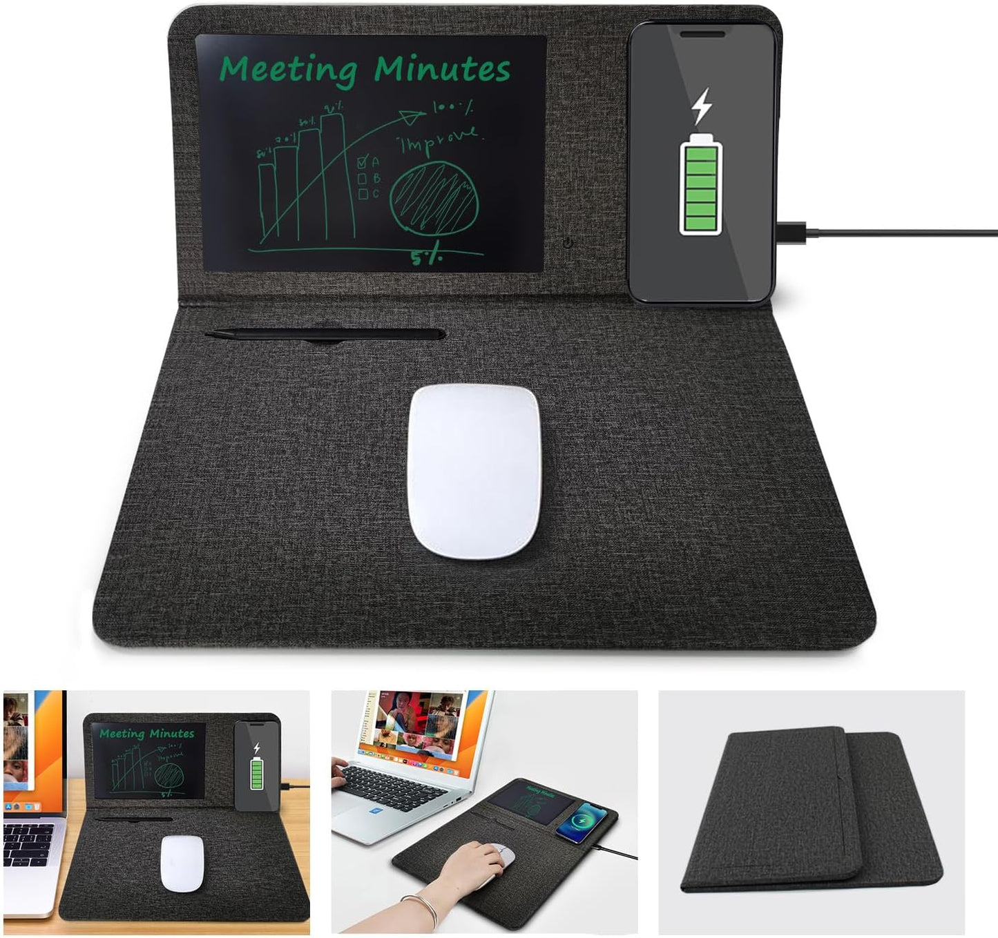 Qi Wireless Charging Mouse Pad with 8" LCD Writing Tablet,15W Fast Charging Mouse Mat, 3-in-1 Foldable & Vertical Multifunctional Office Desk Pad,Hard Micro-Textured Fabric PU Surface(Black)