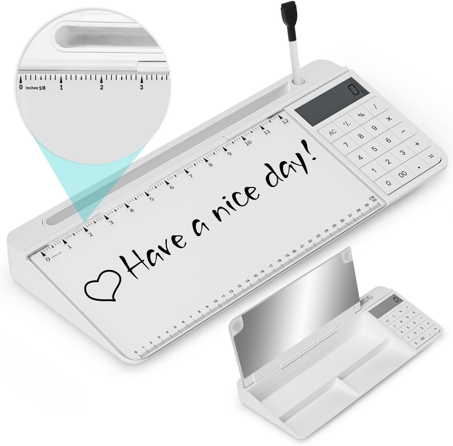 Desktop Glass Whiteboard with Mirror & Calculator(12 Digit LCD Display) & Ruler Marker,Tilted Computer Keyboard Stand with Dry Erase Board Surface, Desk Organizers with Accessories,White