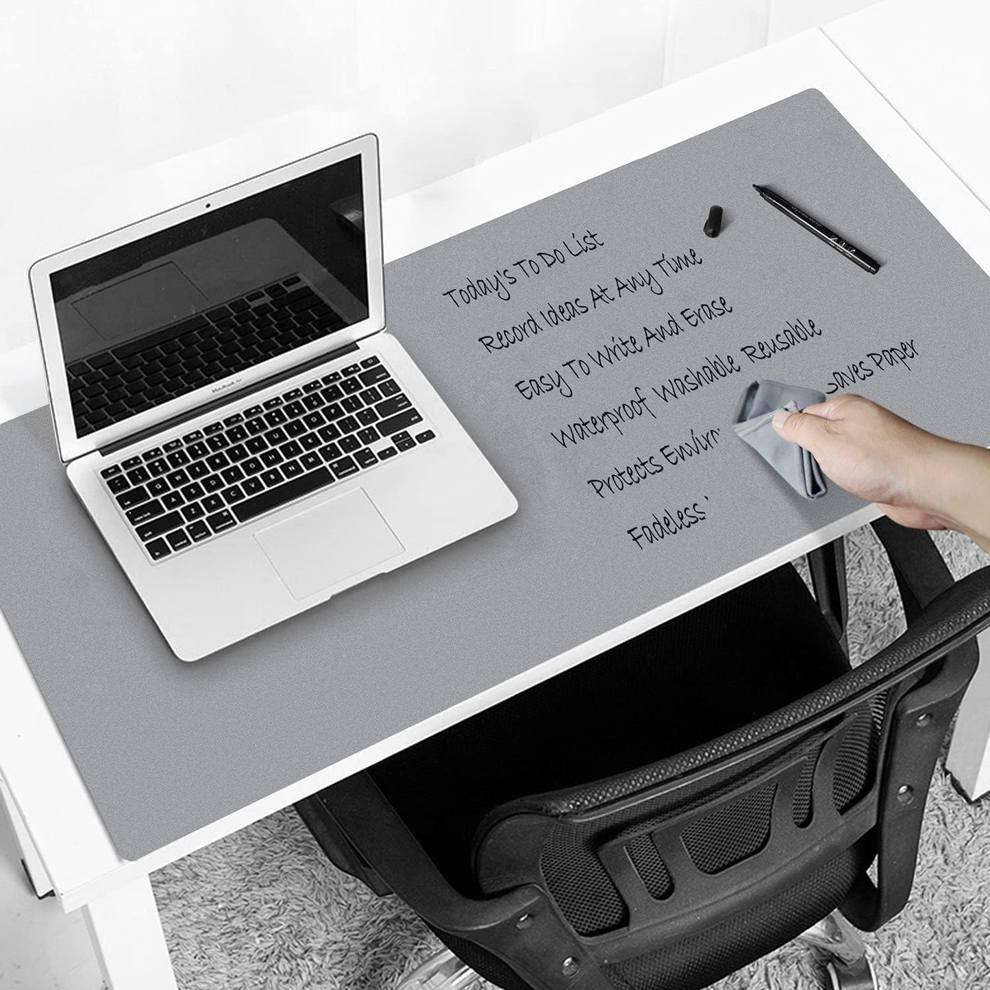 Dry Erase Desk Mat for Making Plans,27.5"x13.8" Writable & Erasable Desk Mouse Pad with 2 Markers & 2 Cloths,Waterproof Writing Desk Pad for Office Home School (Black)