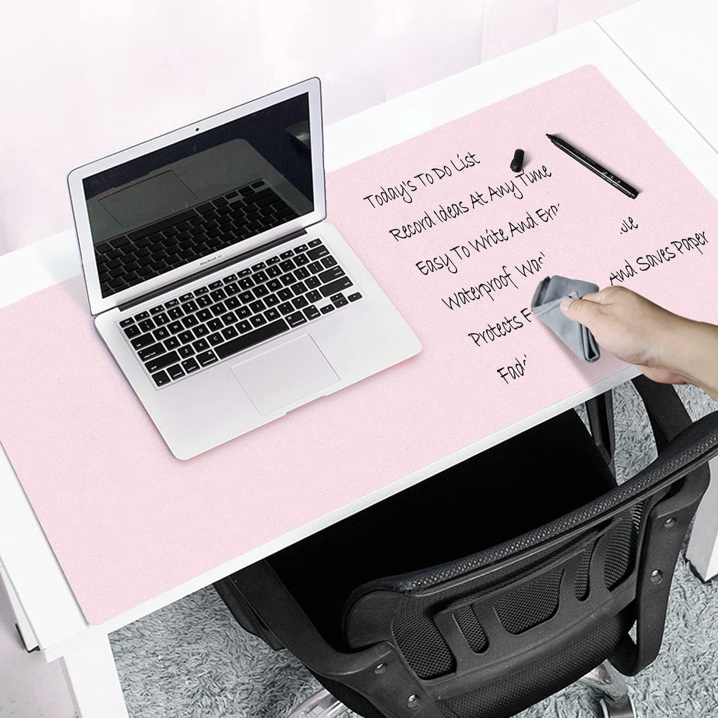 Dry Erase Desk Mat for Making Plans,27.5"x13.8" Writable & Erasable Desk Mouse Pad with 2 Markers & 2 Cloths,Waterproof Writing Desk Pad for Office Home School (Black)