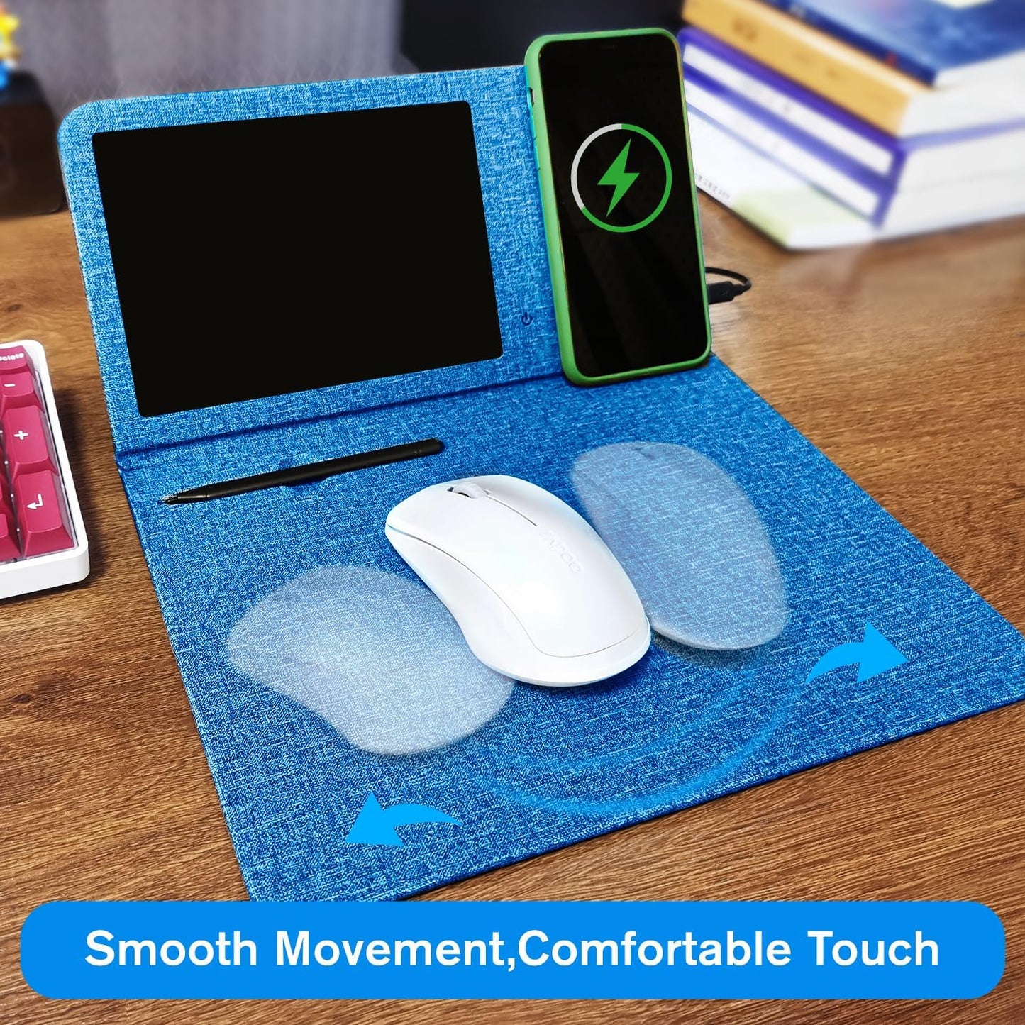 Qi Wireless Charging Mouse Pad with 8" LCD Writing Tablet,15W Fast Charging Mouse Mat, 3-in-1 Foldable & Vertical Multifunctional Office Desk Pad,Hard Micro-Textured Fabric PU Surface(Black)