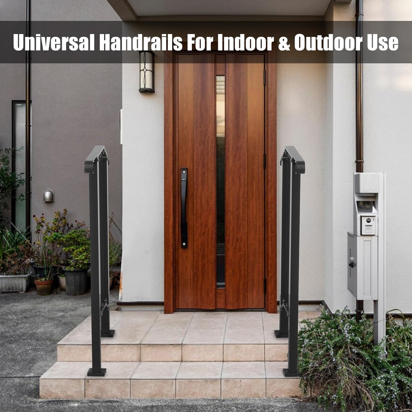 Outdoor Stair Handrails, 2 Steps Black Wrought Iron Railing Kits for Concrete or Wooden Porch Steps
