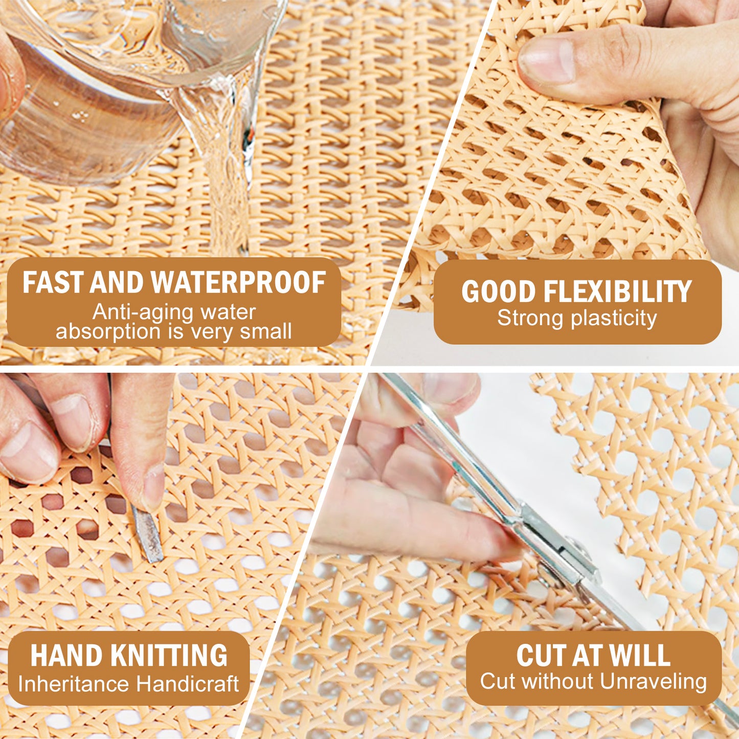 Plastic Cane Webbing Roll, 16 Inch x 3.3 Ft Woven Open Rattan Mesh PE Caning Sheet for DIY Projects, Synthetic Hexagon Rattan Material for Furniture Chair Cabinet Ceiling Bed Door, Wood Color