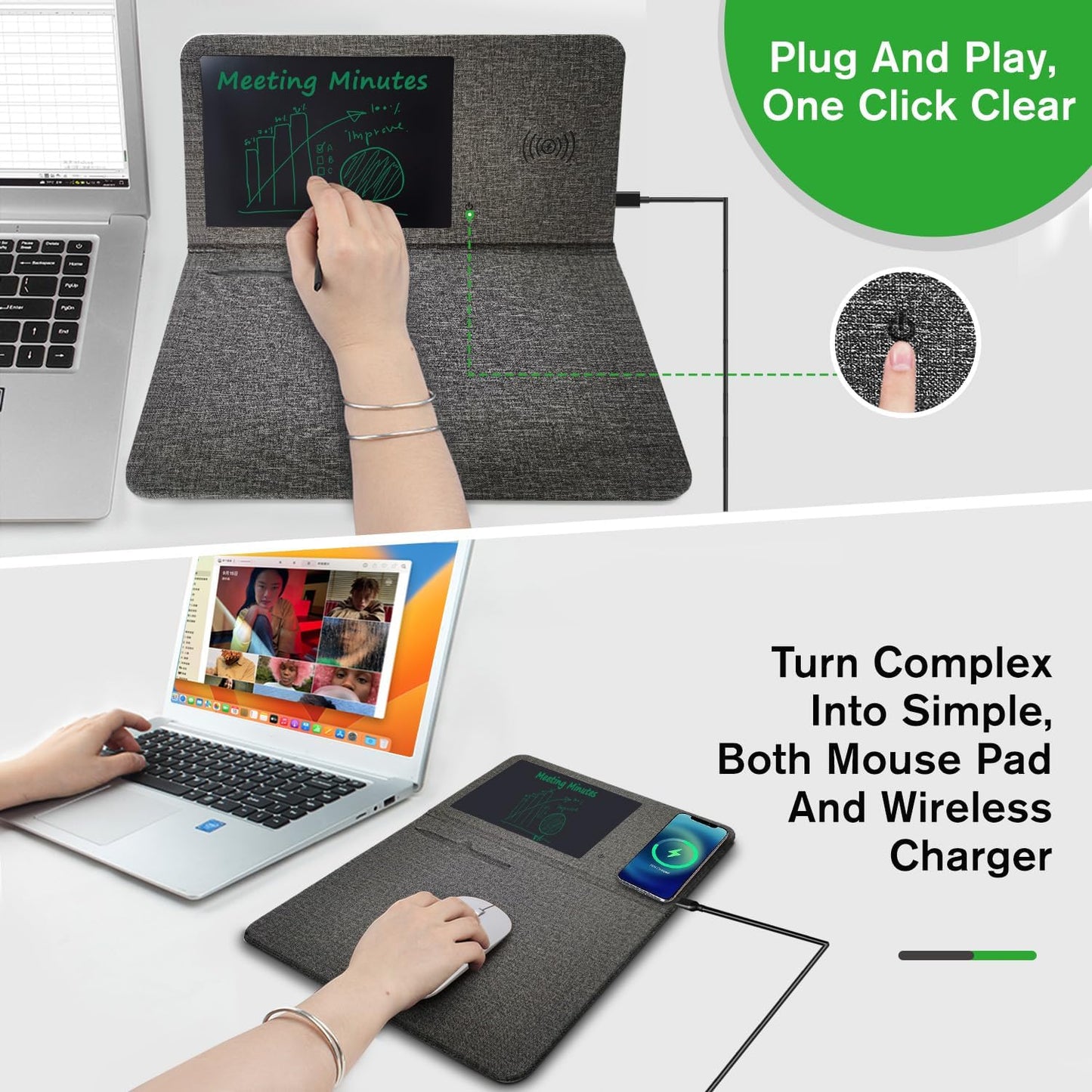 Qi Wireless Charging Mouse Pad with 8" LCD Writing Tablet,15W Fast Charging Mouse Mat, 3-in-1 Foldable & Vertical Multifunctional Office Desk Pad,Hard Micro-Textured Fabric PU Surface(Black)