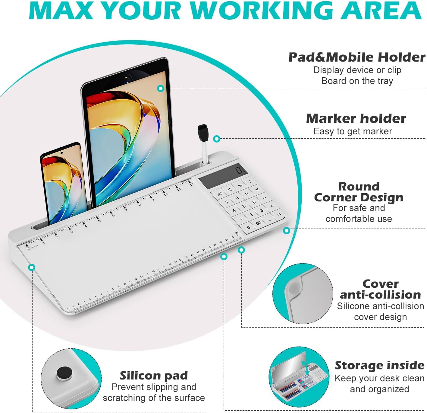 Desktop Glass Whiteboard with Mirror & Calculator(12 Digit LCD Display) & Ruler Marker,Tilted Computer Keyboard Stand with Dry Erase Board Surface, Desk Organizers with Accessories,White