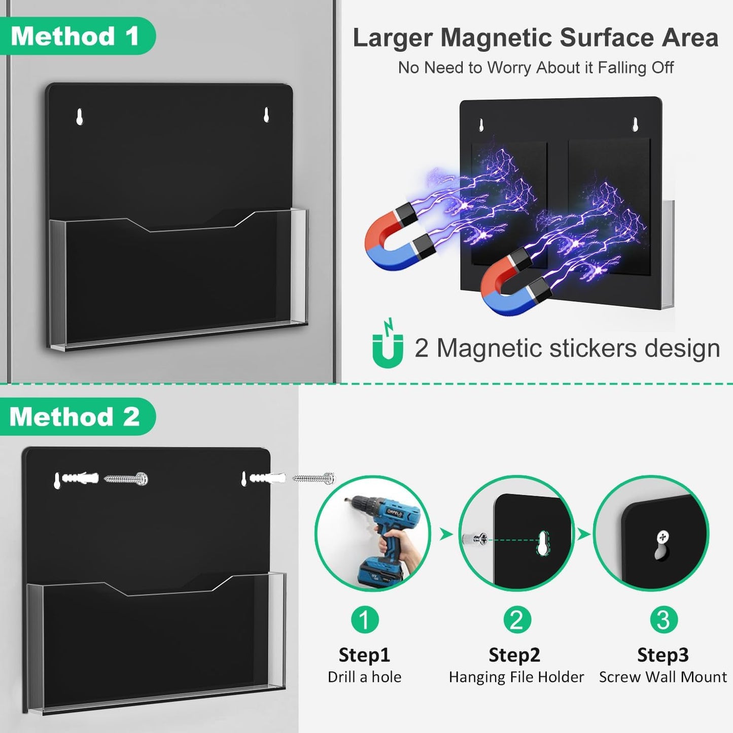 Magnetic File Holder - 2Pack Large Black Acrylic Wall File Folder Organizer, Hanging File Folder for Wall, Magnetic Magazine Holder for Office File Cabinet, Fridge, Whiteboard