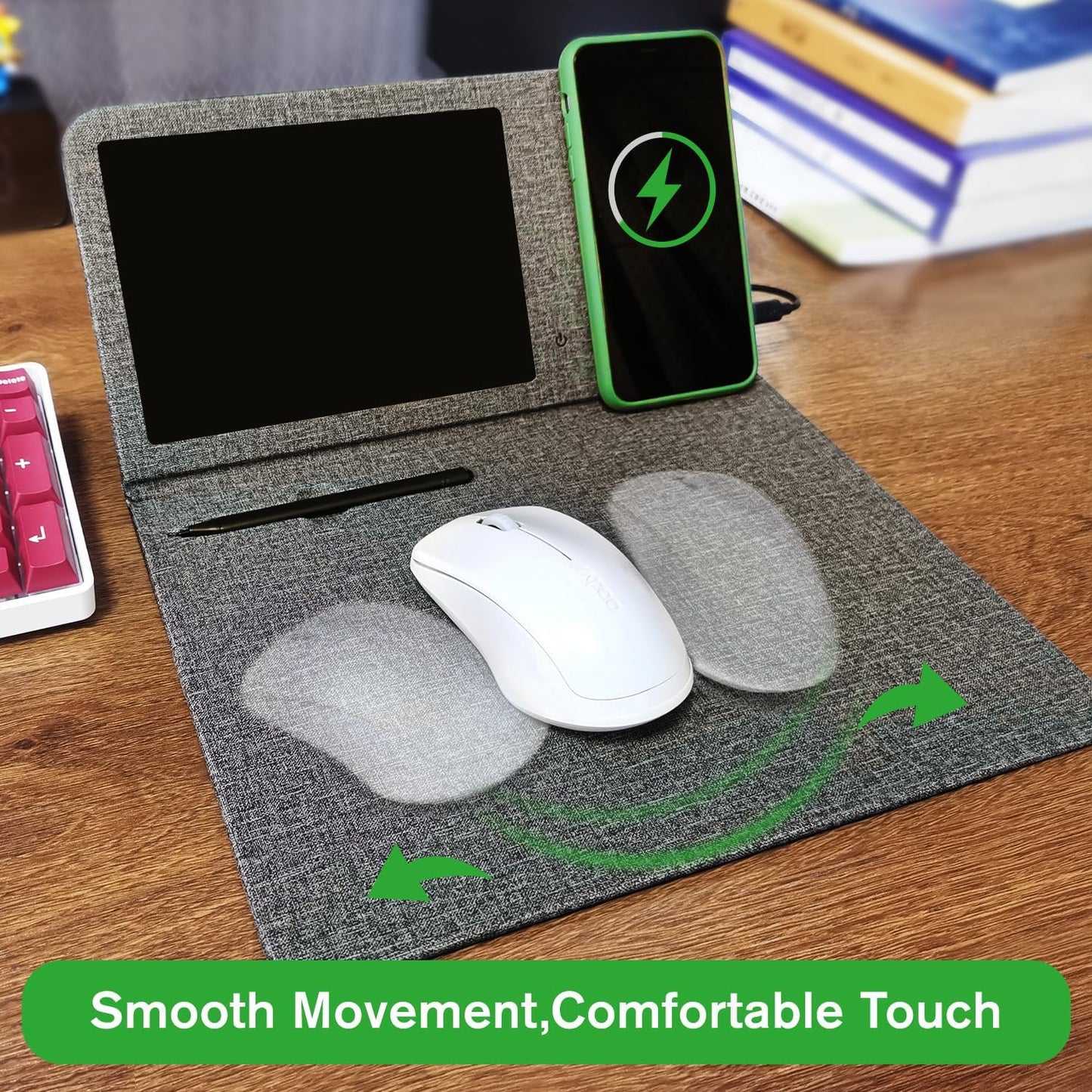 Qi Wireless Charging Mouse Pad with 8" LCD Writing Tablet,15W Fast Charging Mouse Mat, 3-in-1 Foldable & Vertical Multifunctional Office Desk Pad,Hard Micro-Textured Fabric PU Surface(Black)