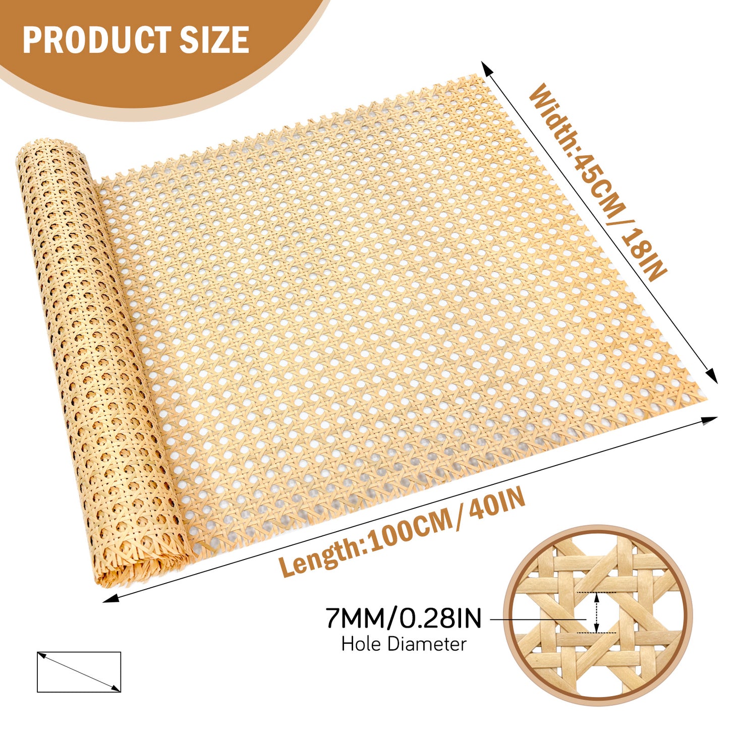 Plastic Cane Webbing Roll, 16 Inch x 3.3 Ft Woven Open Rattan Mesh PE Caning Sheet for DIY Projects, Synthetic Hexagon Rattan Material for Furniture Chair Cabinet Ceiling Bed Door, Wood Color