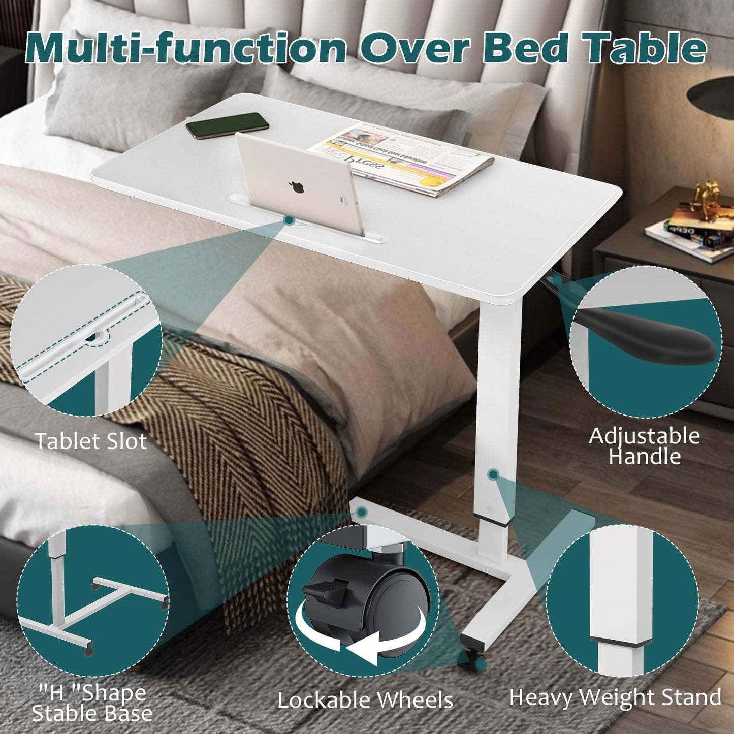 Rolling Overbed Bedside Table with Wheels, Pneumatic Height Adjustable Mobile Standing Laptop Desk, Portable Computer Desk, Heavy Duty Sit Stand Desk for Home Office Hospital, White