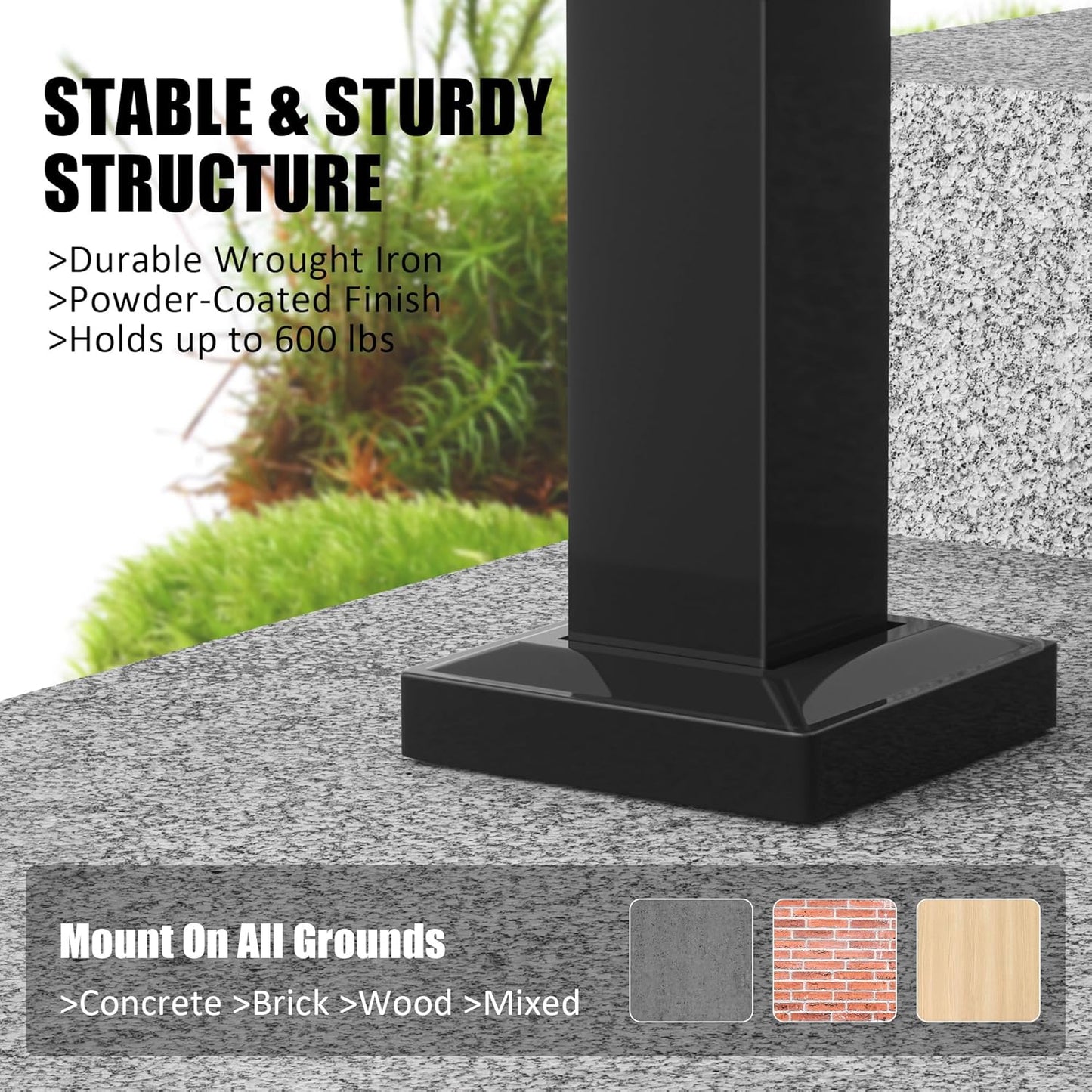Outdoor Stair Handrails, 2 Steps Black Wrought Iron Railing Kits for Concrete or Wooden Porch Steps