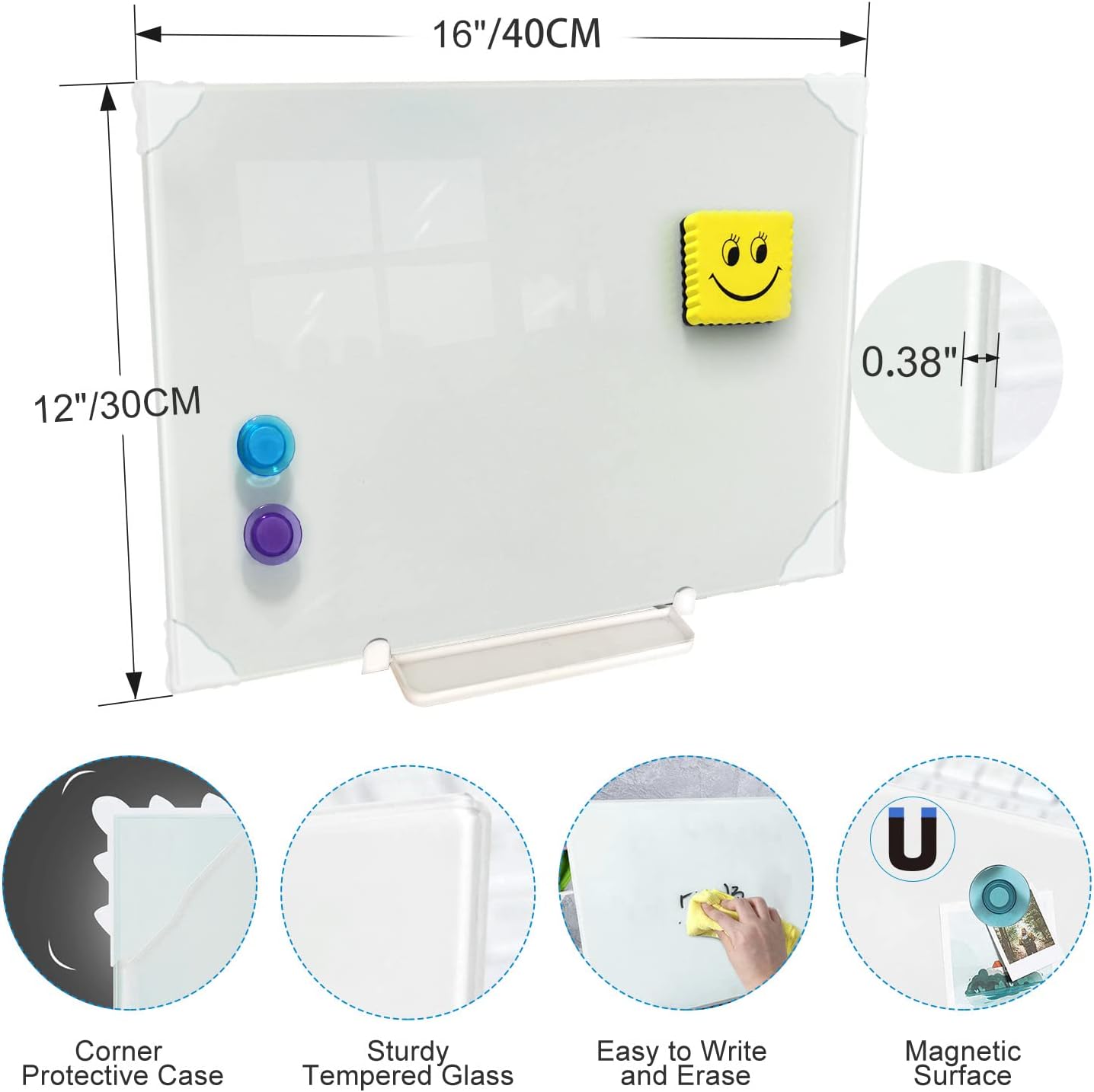 Black Magnetic Glass Board Desktop Easel, 16x12" Black Dry Erase Board for Desk, Tabletop Glass Whiteboard on Adjustable Stand, ZHIDIAN Portable Tempered Glass Board for Office Home