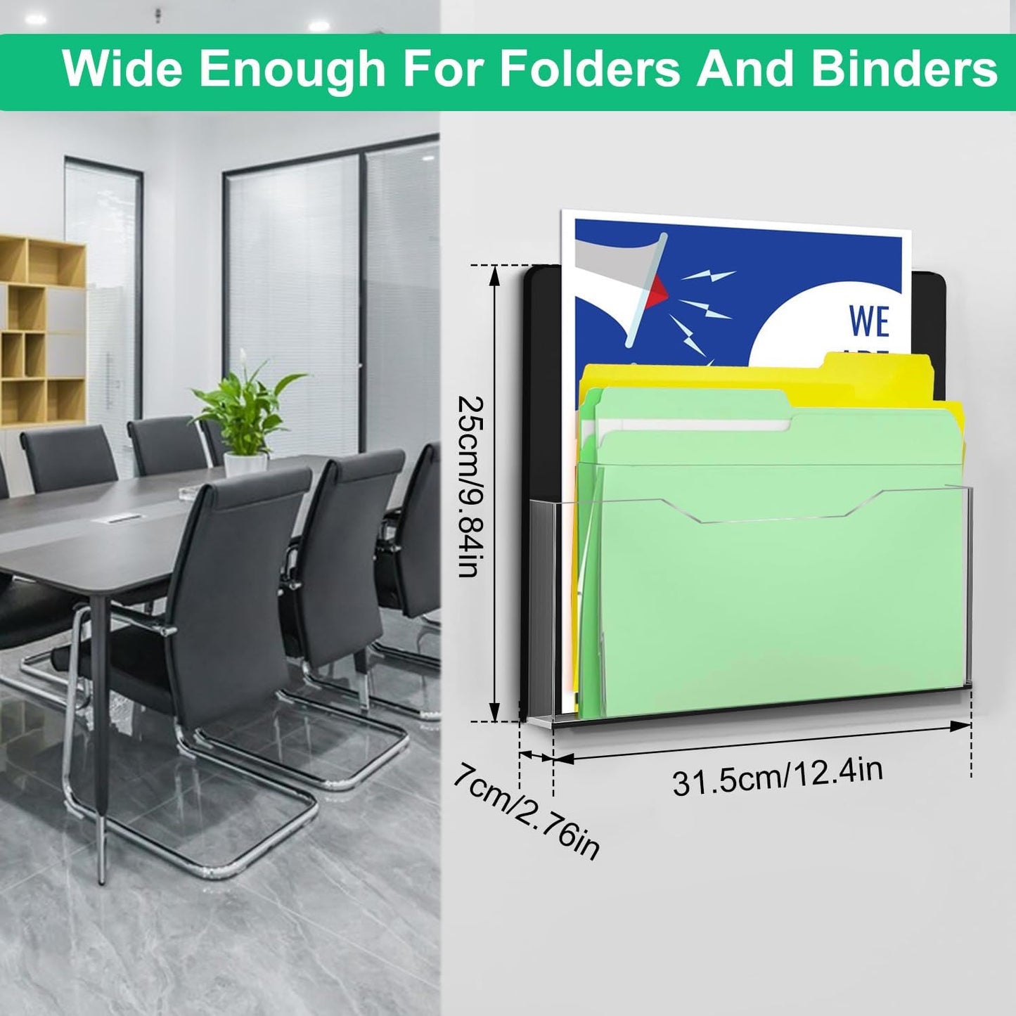Magnetic File Holder - 2Pack Large Black Acrylic Wall File Folder Organizer, Hanging File Folder for Wall, Magnetic Magazine Holder for Office File Cabinet, Fridge, Whiteboard