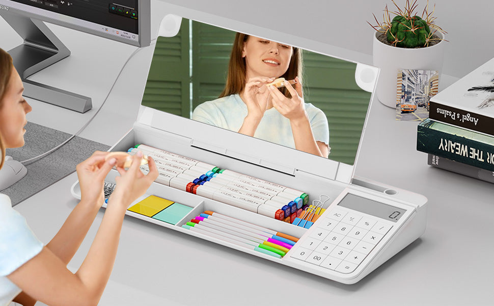 Desktop Glass Whiteboard with Mirror & Calculator(12 Digit LCD Display) & Ruler Marker,Tilted Computer Keyboard Stand with Dry Erase Board Surface, Desk Organizers with Accessories,White