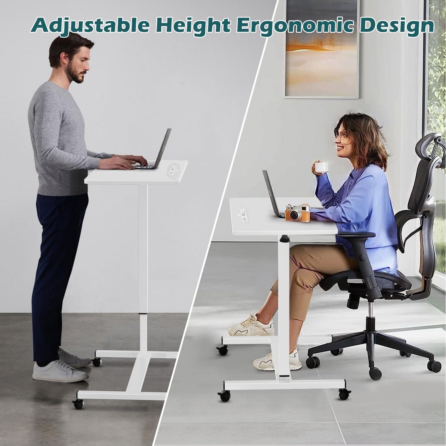 Rolling Overbed Bedside Table with Wheels, Pneumatic Height Adjustable Mobile Standing Laptop Desk, Portable Computer Desk, Heavy Duty Sit Stand Desk for Home Office Hospital, White