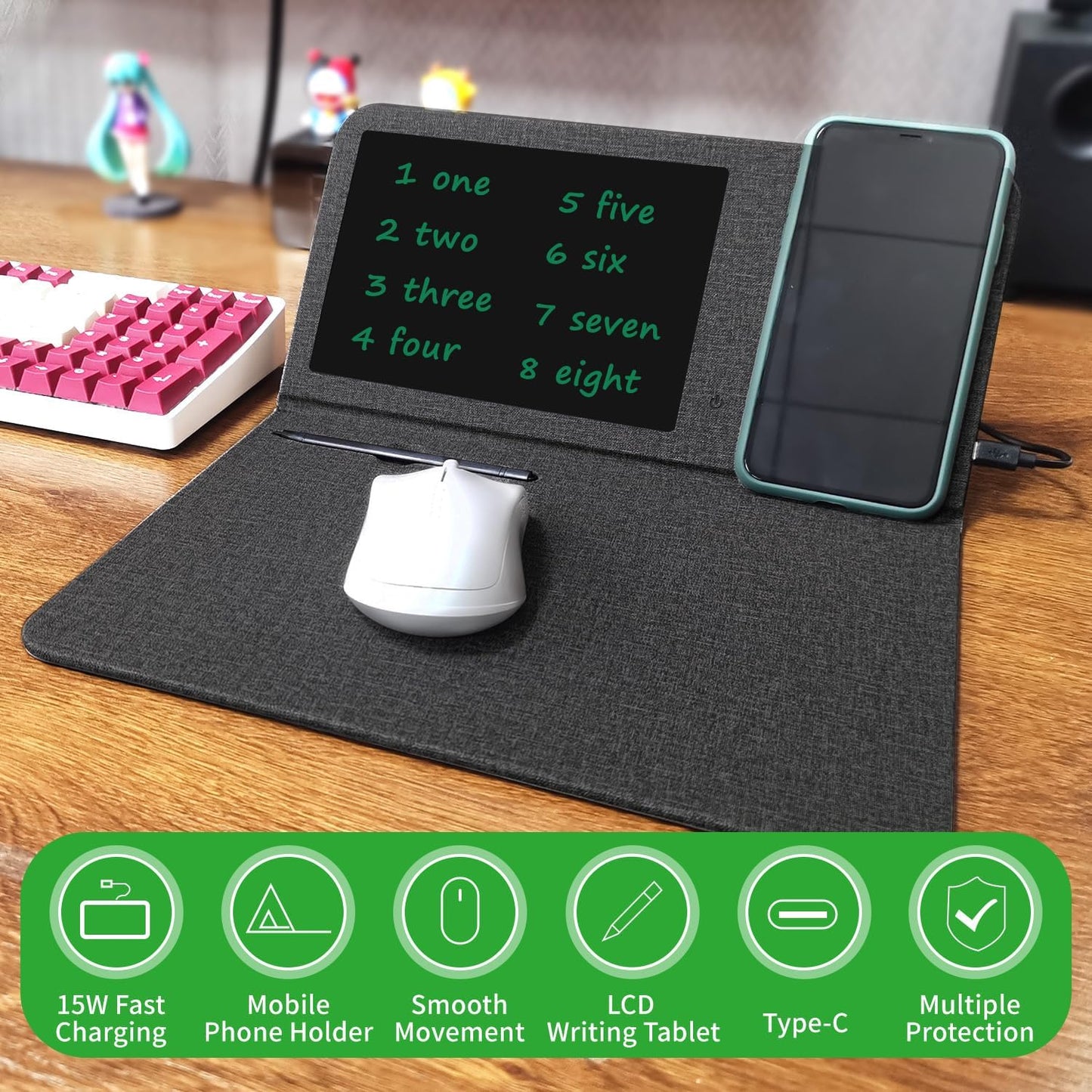 Qi Wireless Charging Mouse Pad with 8" LCD Writing Tablet,15W Fast Charging Mouse Mat, 3-in-1 Foldable & Vertical Multifunctional Office Desk Pad,Hard Micro-Textured Fabric PU Surface(Black)