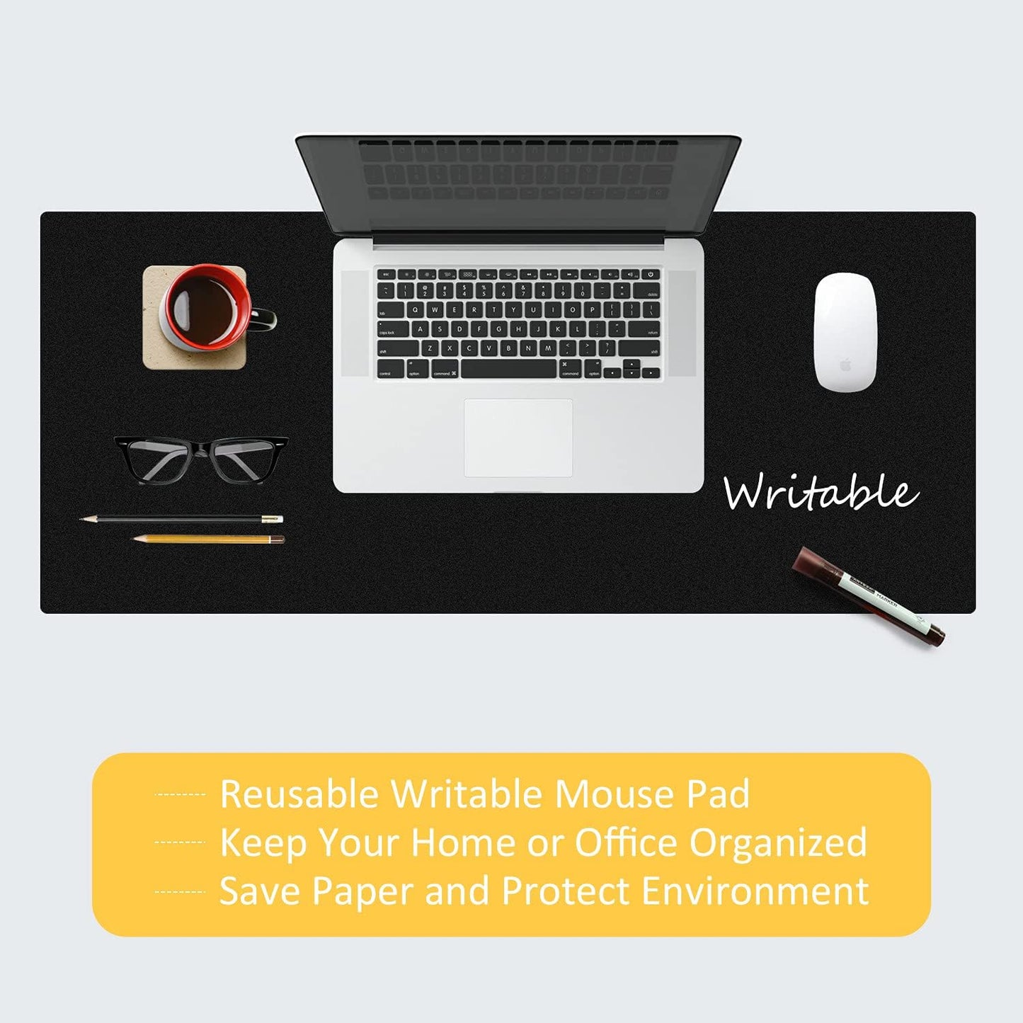 Dry Erase Desk Mat for Making Plans,27.5"x13.8" Writable & Erasable Desk Mouse Pad with 2 Markers & 2 Cloths,Waterproof Writing Desk Pad for Office Home School (Black)