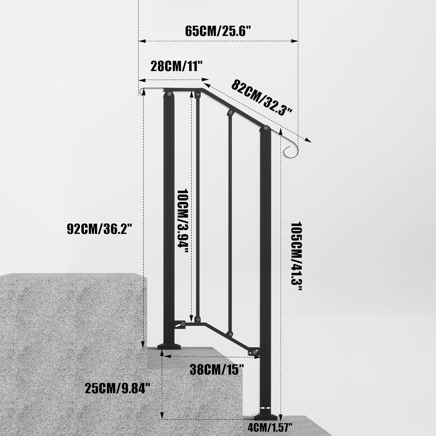 Outdoor Stair Handrails, 2 Steps Black Wrought Iron Railing Kits for Concrete or Wooden Porch Steps