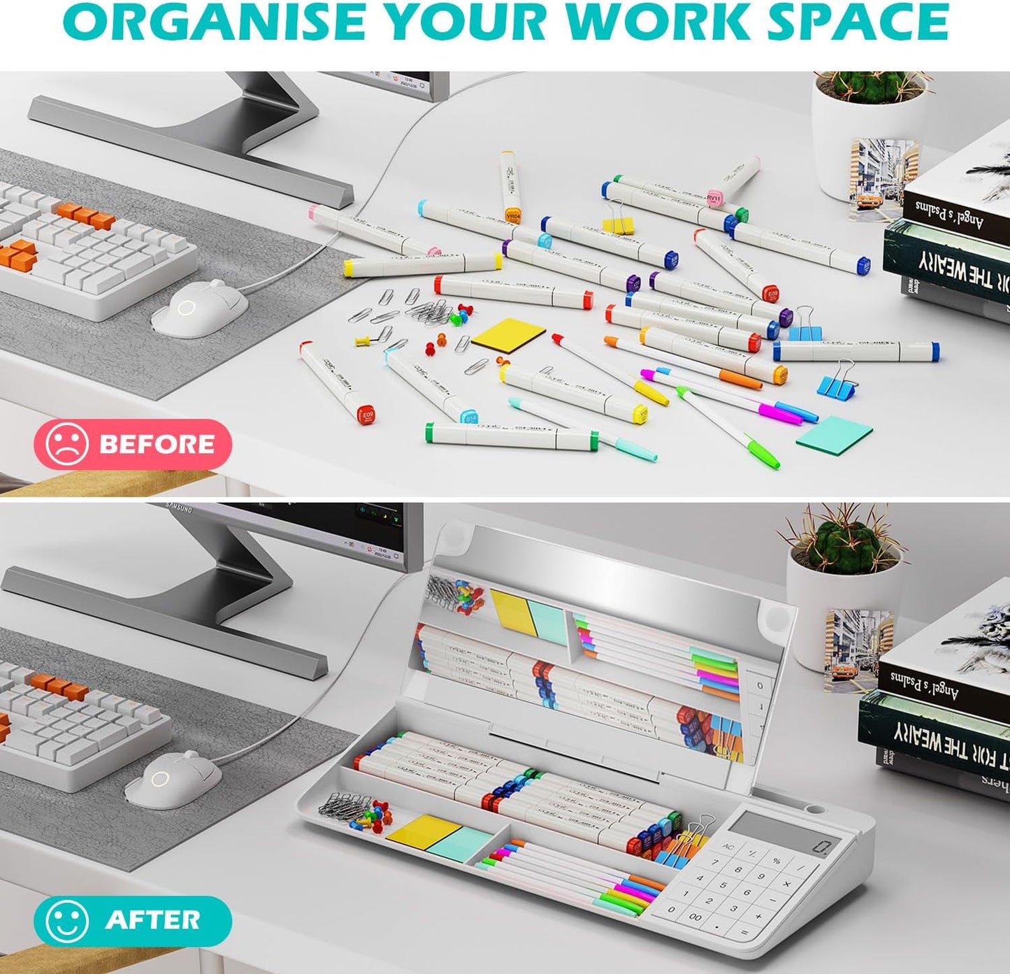 Desktop Glass Whiteboard with Mirror & Calculator(12 Digit LCD Display) & Ruler Marker,Tilted Computer Keyboard Stand with Dry Erase Board Surface, Desk Organizers with Accessories,White
