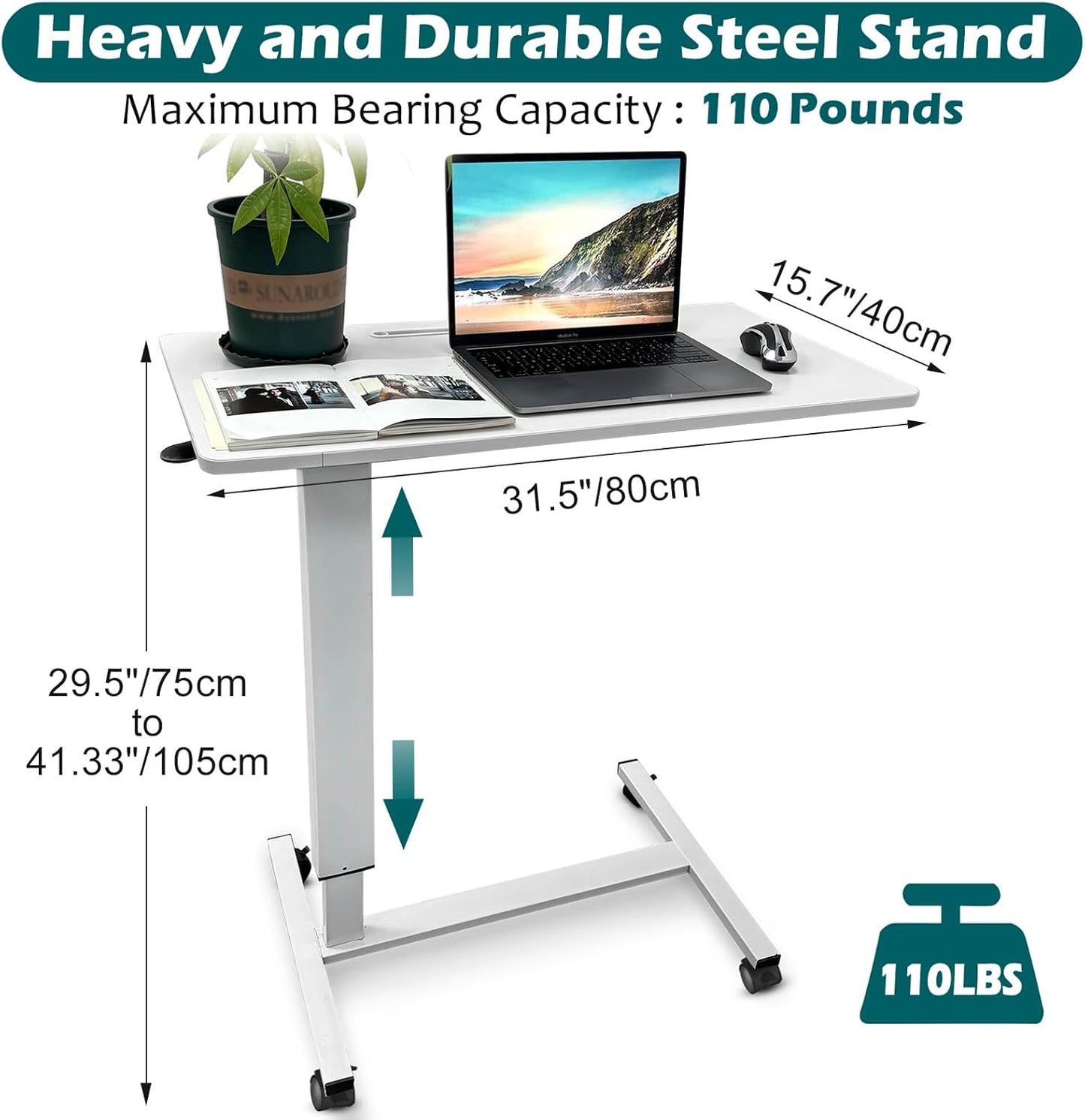 Rolling Overbed Bedside Table with Wheels, Pneumatic Height Adjustable Mobile Standing Laptop Desk, Portable Computer Desk, Heavy Duty Sit Stand Desk for Home Office Hospital, White