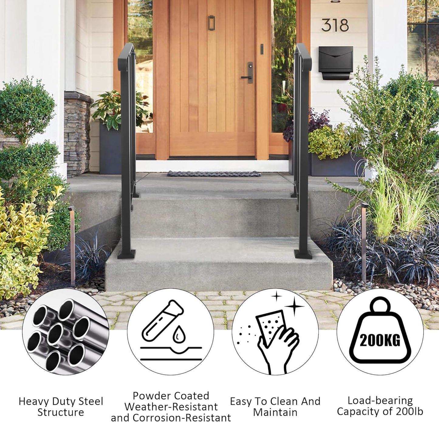 Outdoor Stair Handrails, 2 Steps Black Wrought Iron Railing Kits for Concrete or Wooden Porch Steps