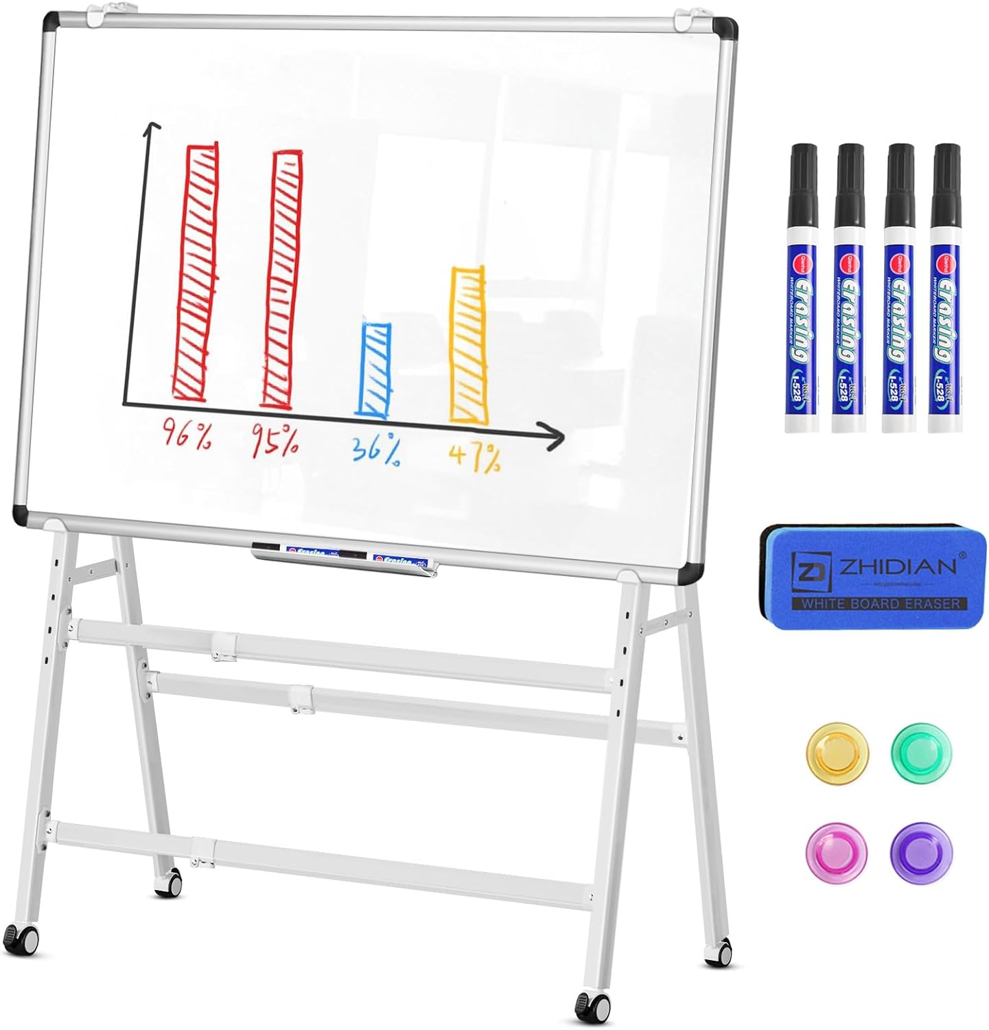 Double-Sided Magnetic Dry Erase Whiteboard Height & Width Adjustable, A-Frame Foldable Stand White Board on Wheels, 48 x 36 Mobile Dry Erase Board