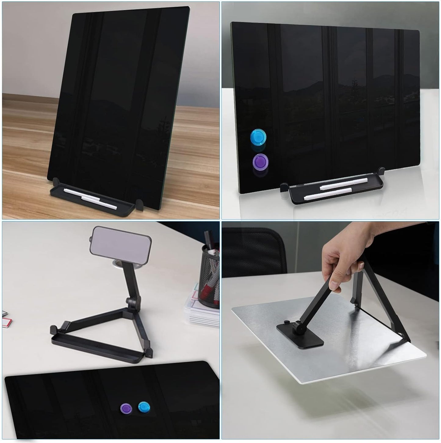Black Magnetic Glass Board Desktop Easel, 16x12" Black Dry Erase Board for Desk, Tabletop Glass Whiteboard on Adjustable Stand, ZHIDIAN Portable Tempered Glass Board for Office Home