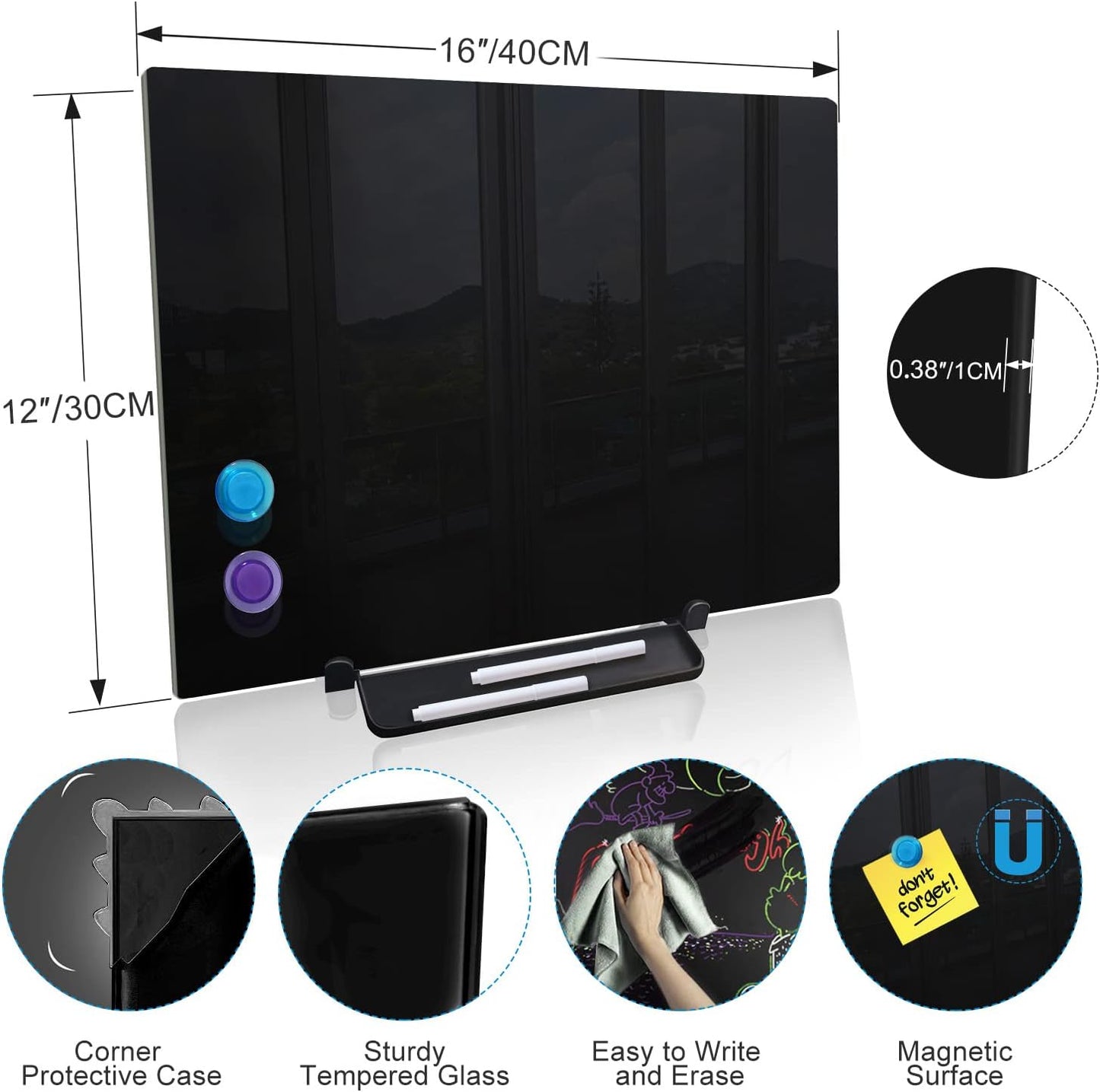 Black Magnetic Glass Board Desktop Easel, 16x12" Black Dry Erase Board for Desk, Tabletop Glass Whiteboard on Adjustable Stand, ZHIDIAN Portable Tempered Glass Board for Office Home