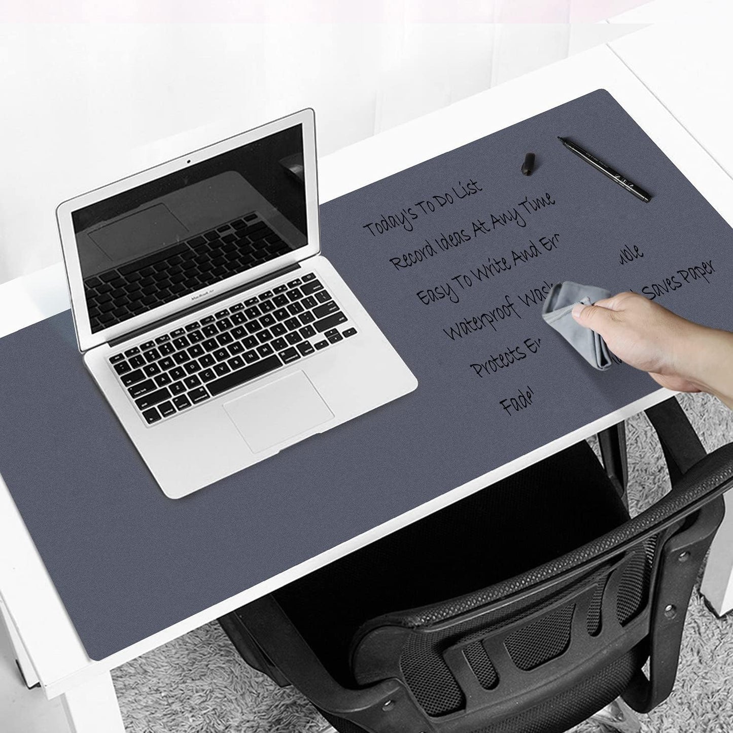 Dry Erase Desk Mat for Making Plans,27.5"x13.8" Writable & Erasable Desk Mouse Pad with 2 Markers & 2 Cloths,Waterproof Writing Desk Pad for Office Home School (Black)