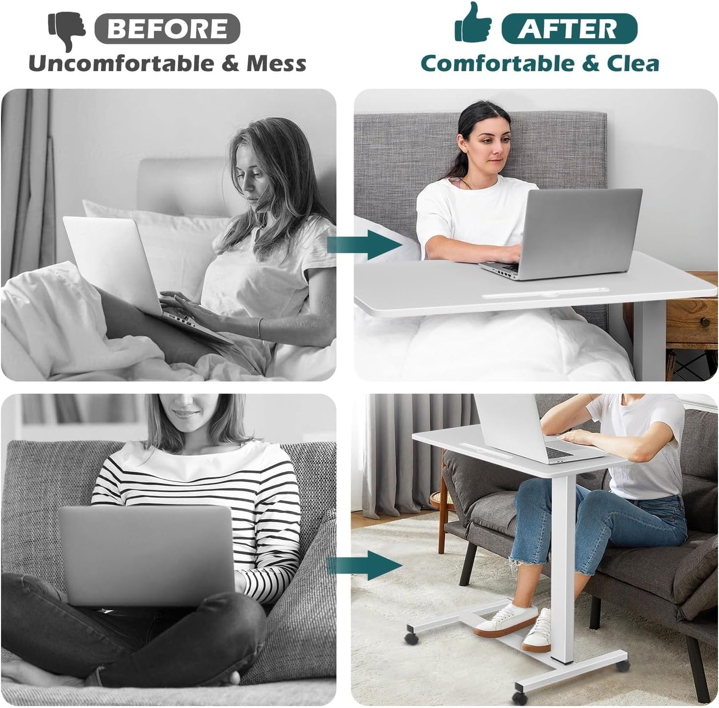Rolling Overbed Bedside Table with Wheels, Pneumatic Height Adjustable Mobile Standing Laptop Desk, Portable Computer Desk, Heavy Duty Sit Stand Desk for Home Office Hospital, White