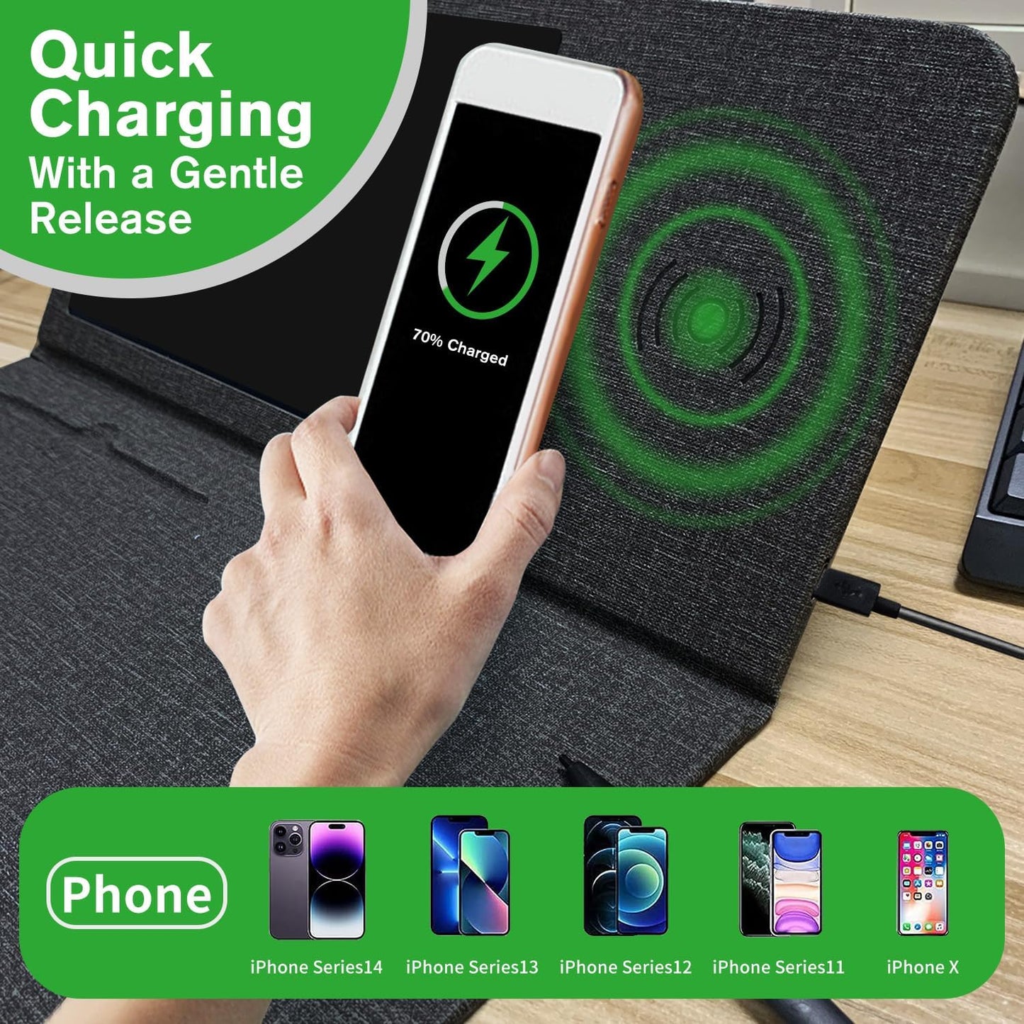 Qi Wireless Charging Mouse Pad with 8" LCD Writing Tablet,15W Fast Charging Mouse Mat, 3-in-1 Foldable & Vertical Multifunctional Office Desk Pad,Hard Micro-Textured Fabric PU Surface(Black)