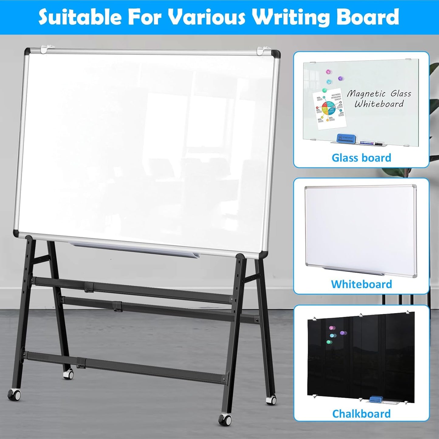 ZHDIAN A-Frame Foldable Whiteboard Stand, Height and Width Adjustable, Mobile Stand with Wheels for dry erase board, Chalkboard, Glass Board