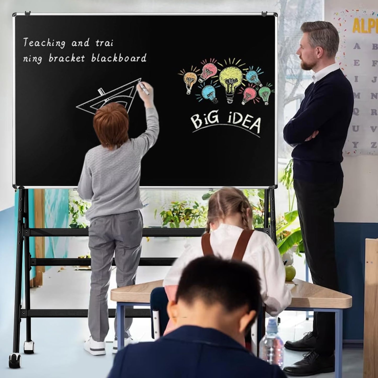 Double-Sided Magnetic Dry Erase Whiteboard Height & Width Adjustable, A-Frame Foldable Stand White Board on Wheels, 48 x 36 Mobile Dry Erase Board