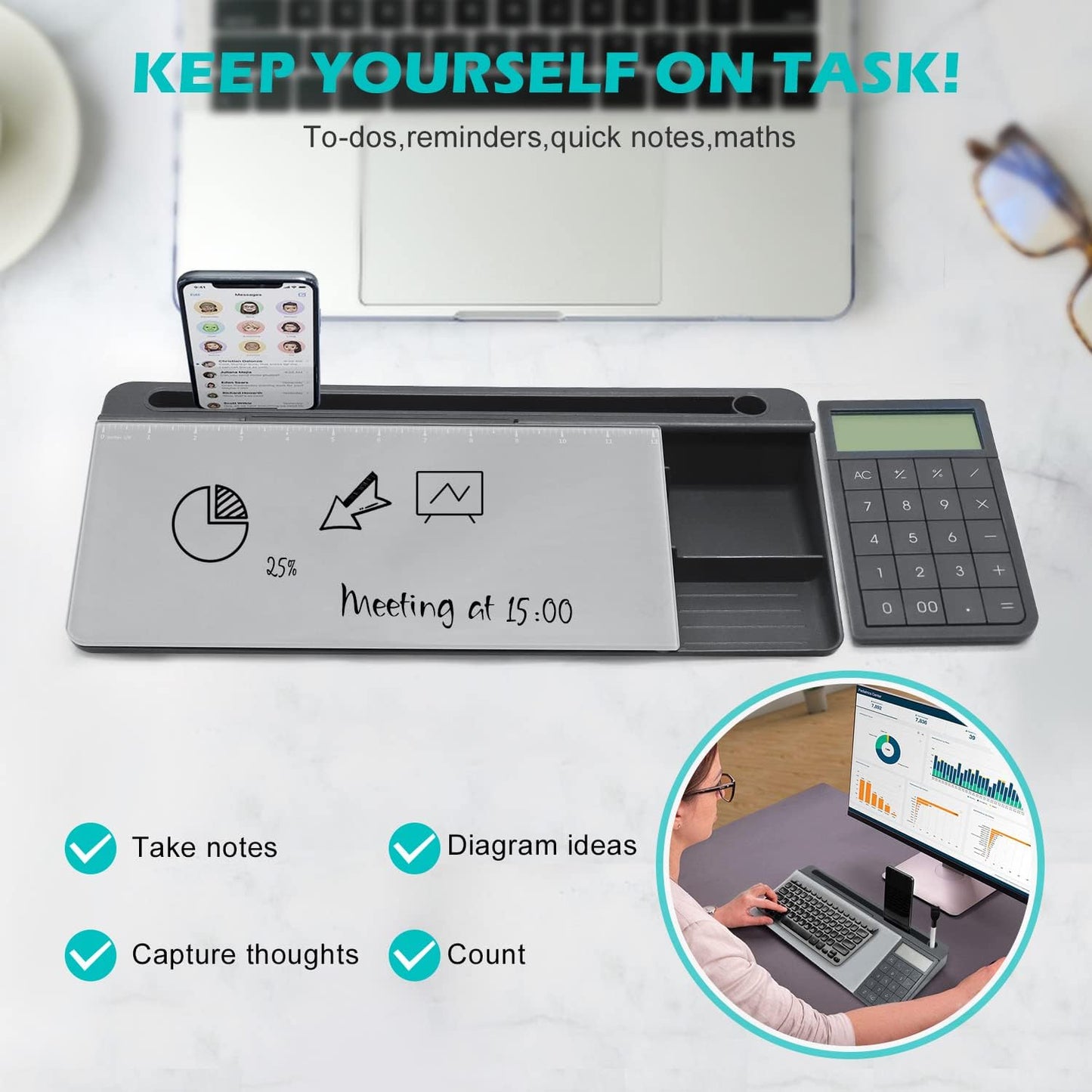 Desktop Glass Whiteboard with Mirror & Calculator
