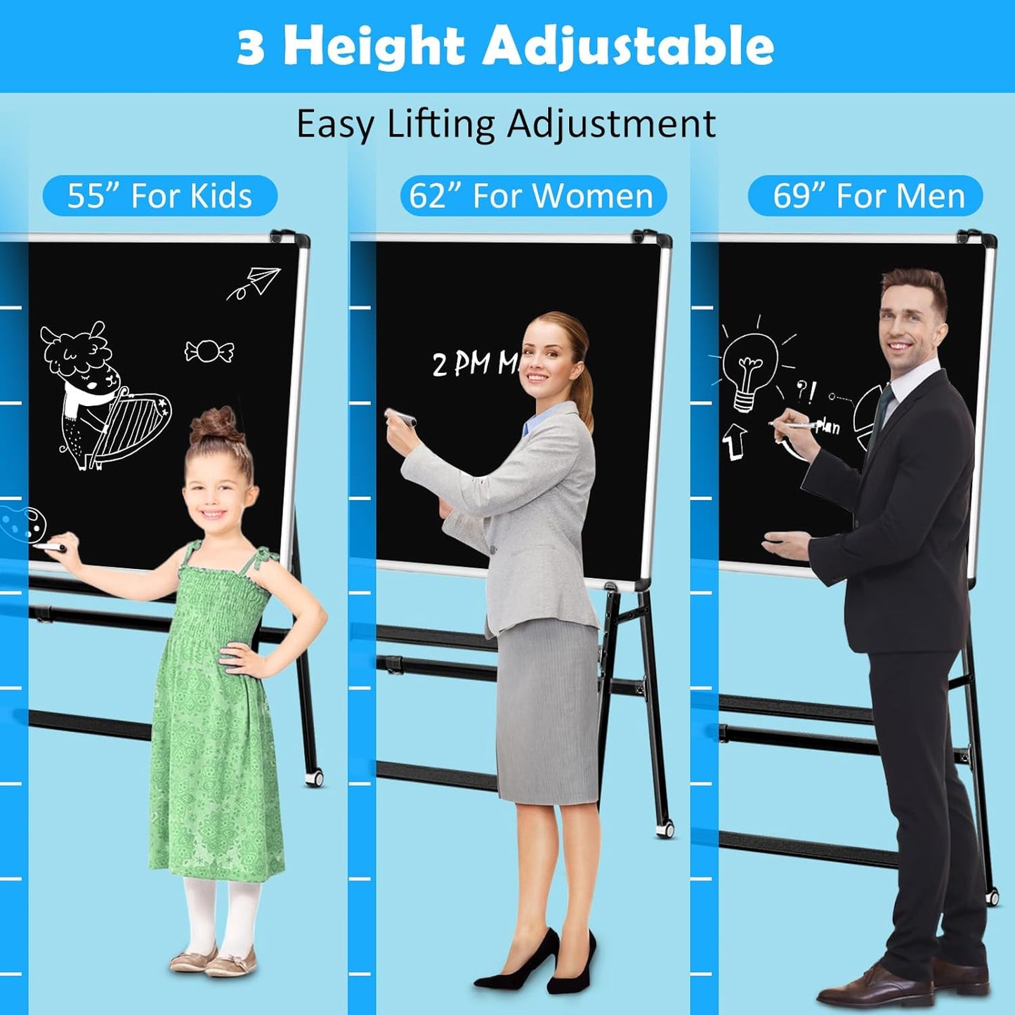 Double-Sided Magnetic Dry Erase Whiteboard Height & Width Adjustable, A-Frame Foldable Stand White Board on Wheels, 48 x 36 Mobile Dry Erase Board