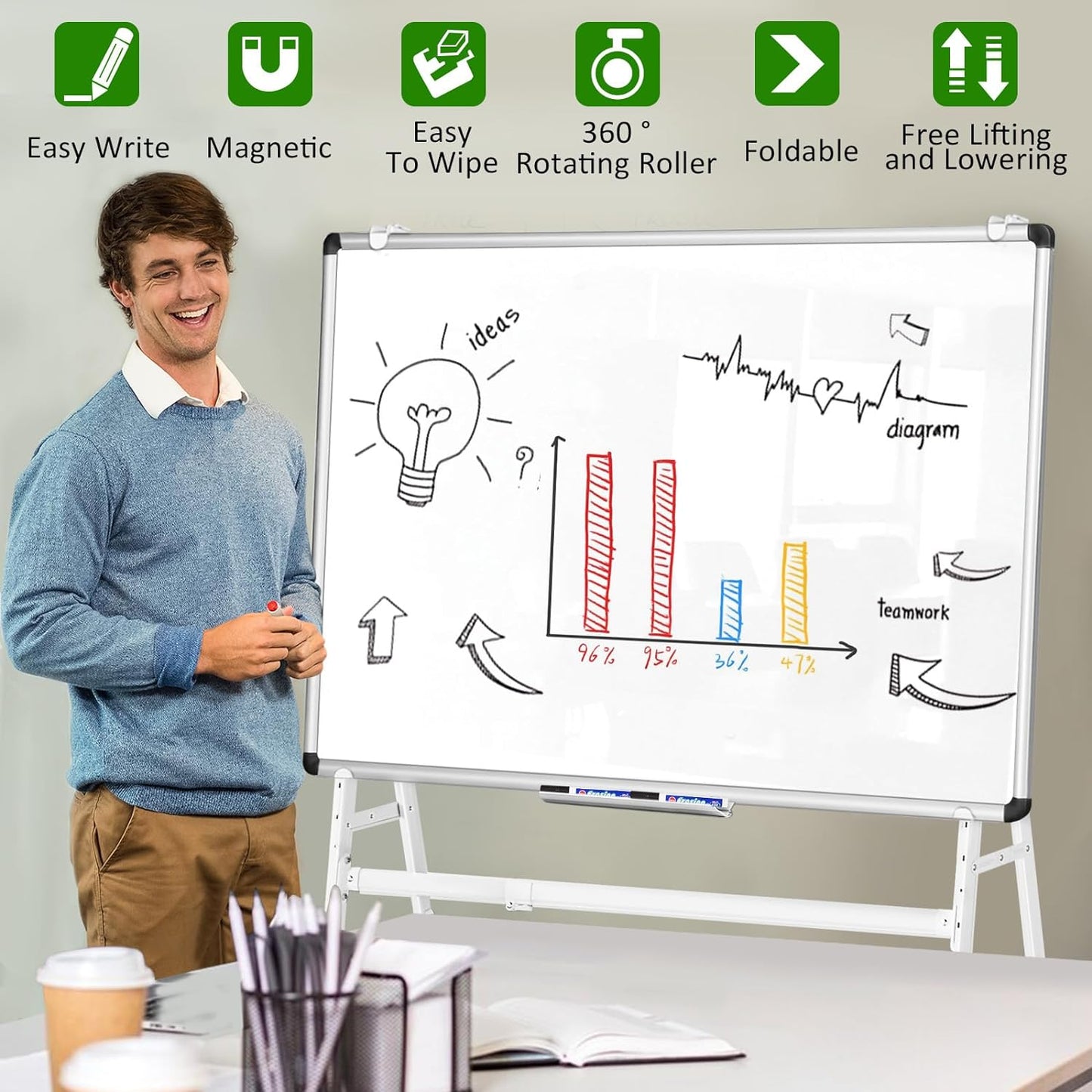 Double-Sided Magnetic Dry Erase Whiteboard Height & Width Adjustable, A-Frame Foldable Stand White Board on Wheels, 48 x 36 Mobile Dry Erase Board