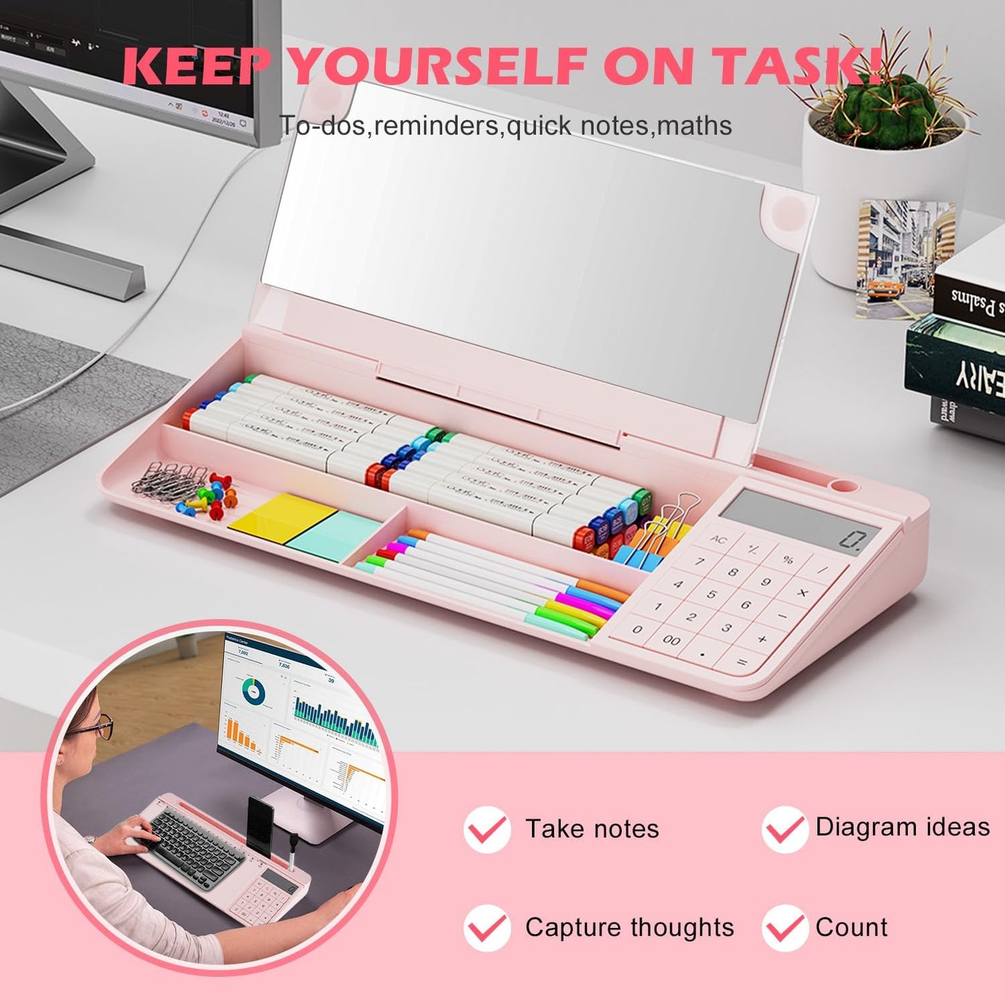 Desktop Glass Whiteboard with Mirror & Calculator