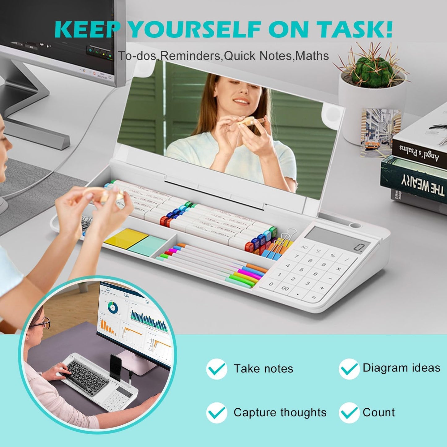 Desktop Glass Whiteboard with Mirror & Calculator