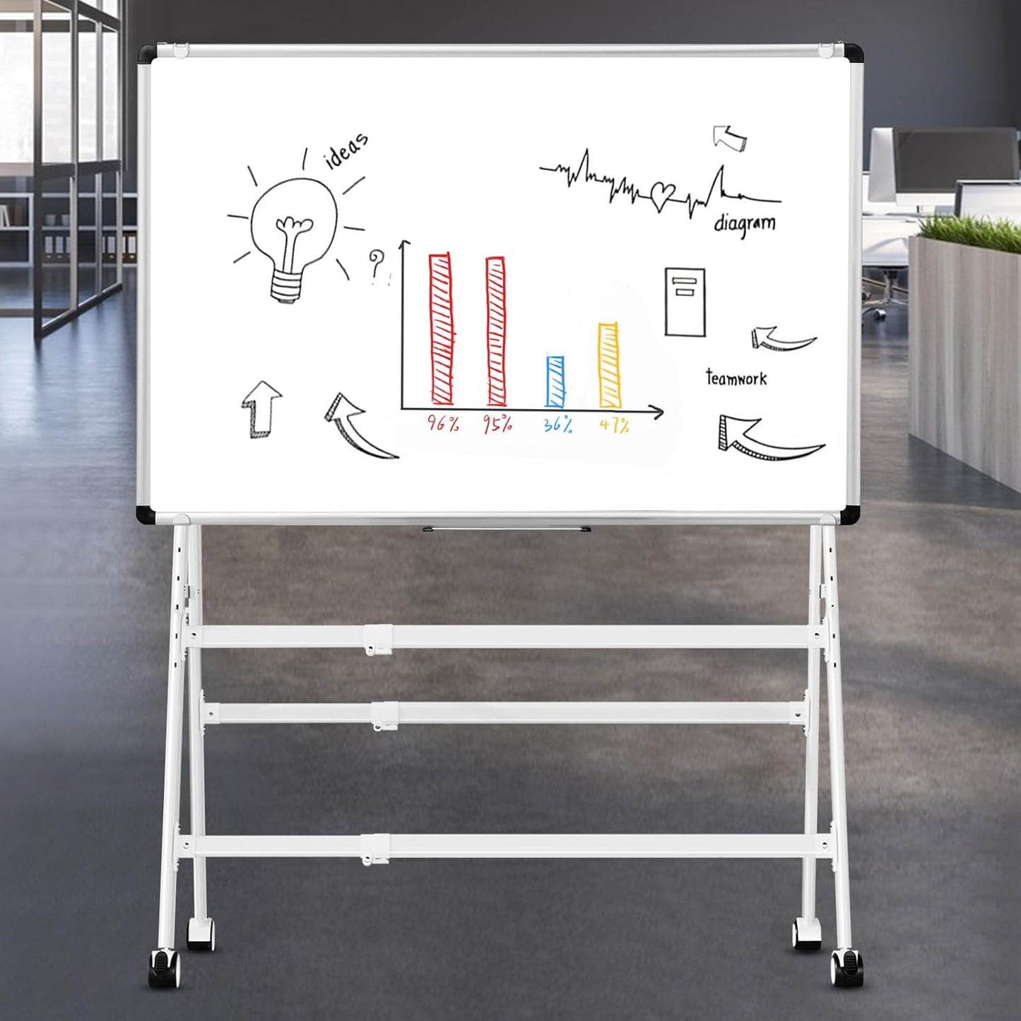 Double-Sided Magnetic Dry Erase Whiteboard Height & Width Adjustable, A-Frame Foldable Stand White Board on Wheels, 48 x 36 Mobile Dry Erase Board