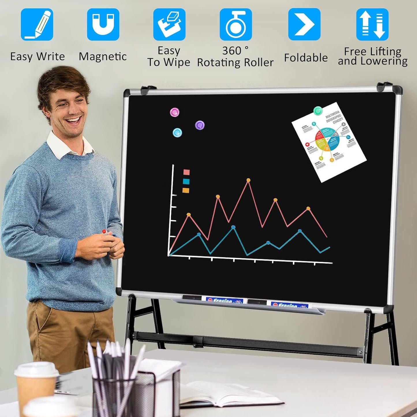 Double-Sided Magnetic Dry Erase Whiteboard Height & Width Adjustable, A-Frame Foldable Stand White Board on Wheels, 48 x 36 Mobile Dry Erase Board