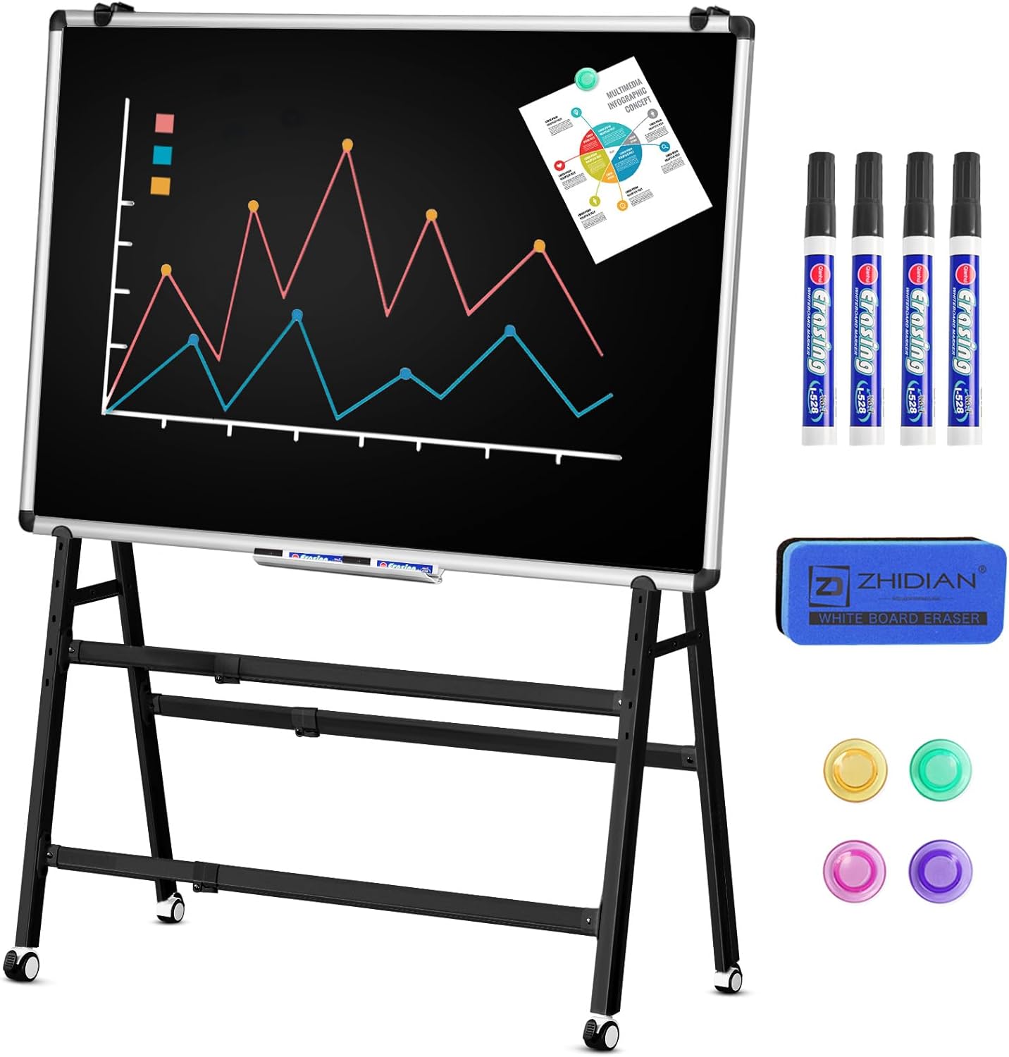 Double-Sided Magnetic Dry Erase Whiteboard Height & Width Adjustable, A-Frame Foldable Stand White Board on Wheels, 48 x 36 Mobile Dry Erase Board