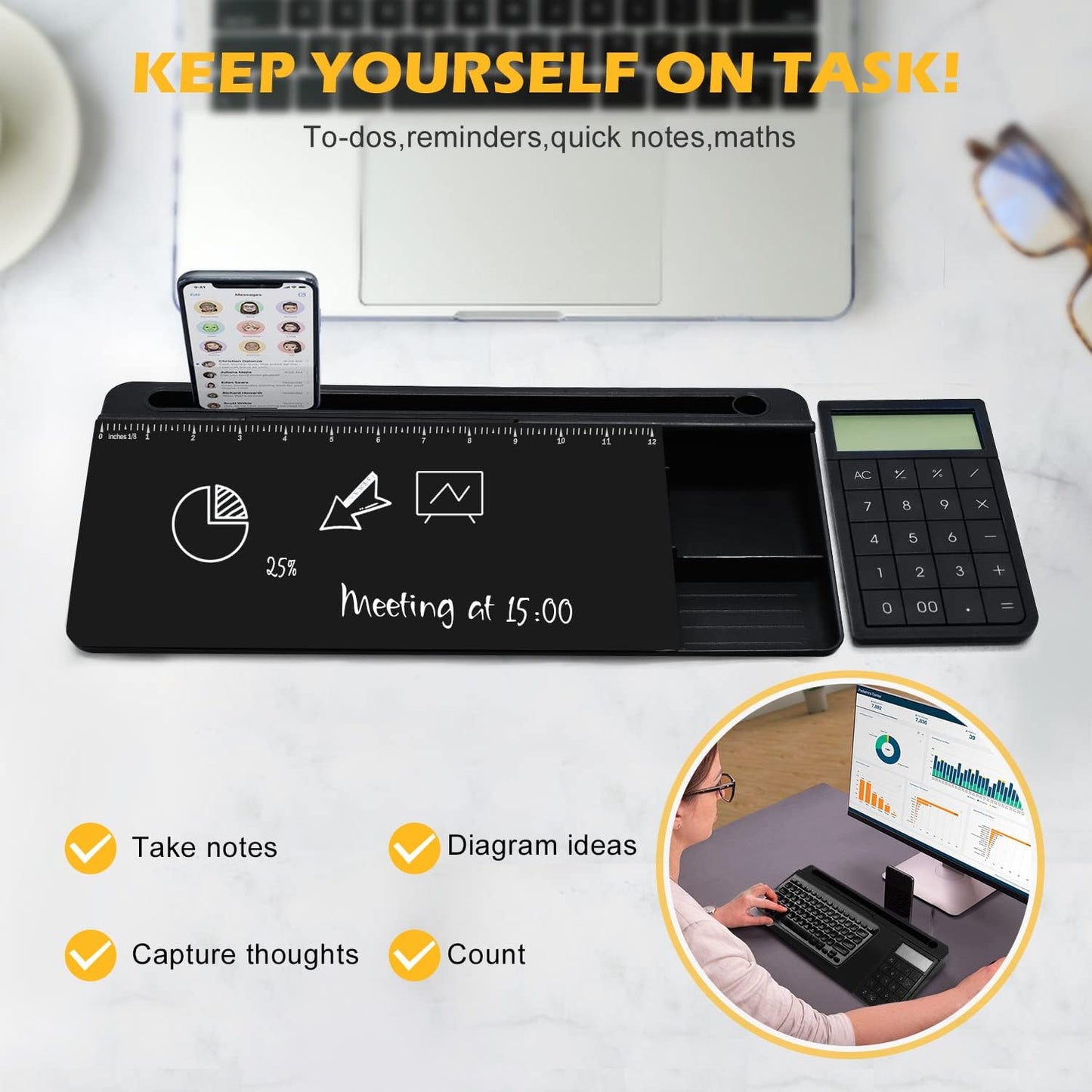 Desktop Glass Whiteboard with Mirror & Calculator