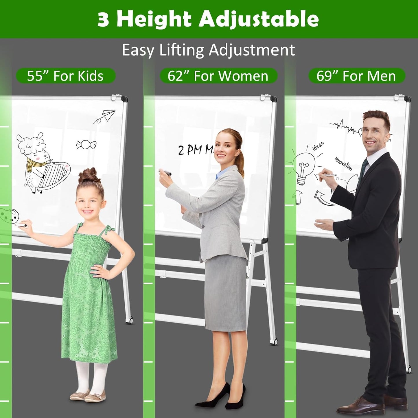 Double-Sided Magnetic Dry Erase Whiteboard Height & Width Adjustable, A-Frame Foldable Stand White Board on Wheels, 48 x 36 Mobile Dry Erase Board